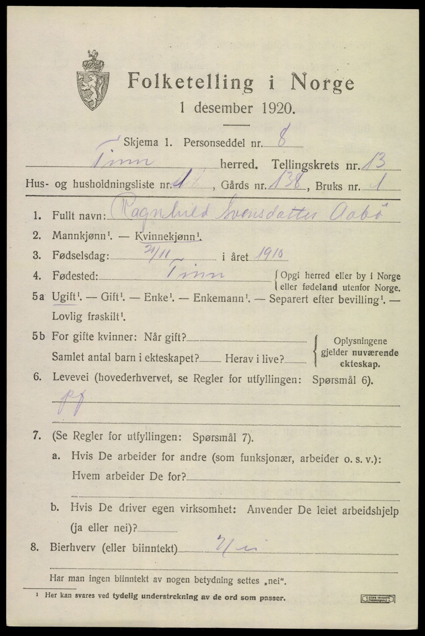 SAKO, 1920 census for Tinn, 1920, p. 8160