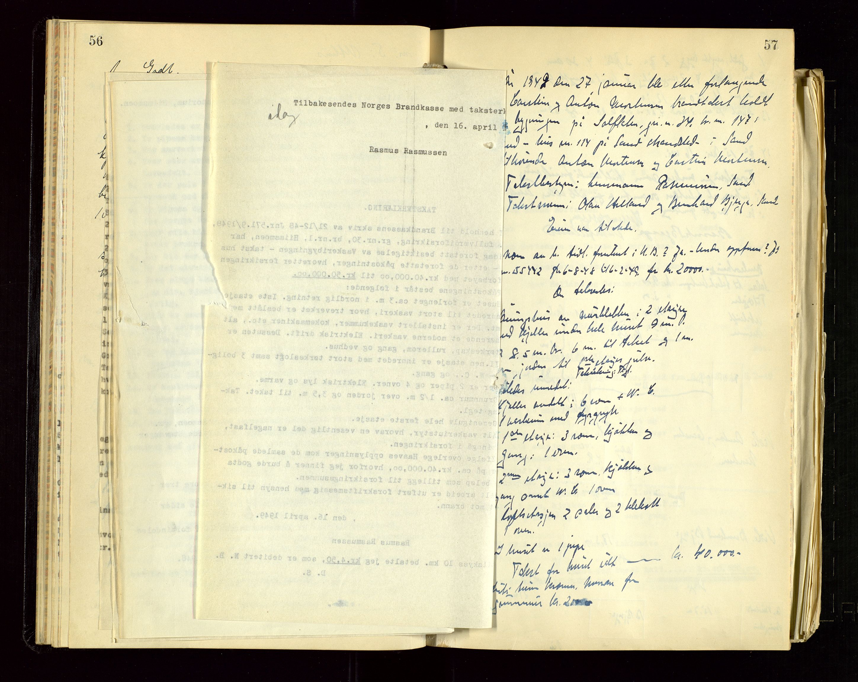 Sand lensmannskontor, AV/SAST-A-100415/Gob/L0004: Branntakstprotokoll, 1937-1955, p. 56-57