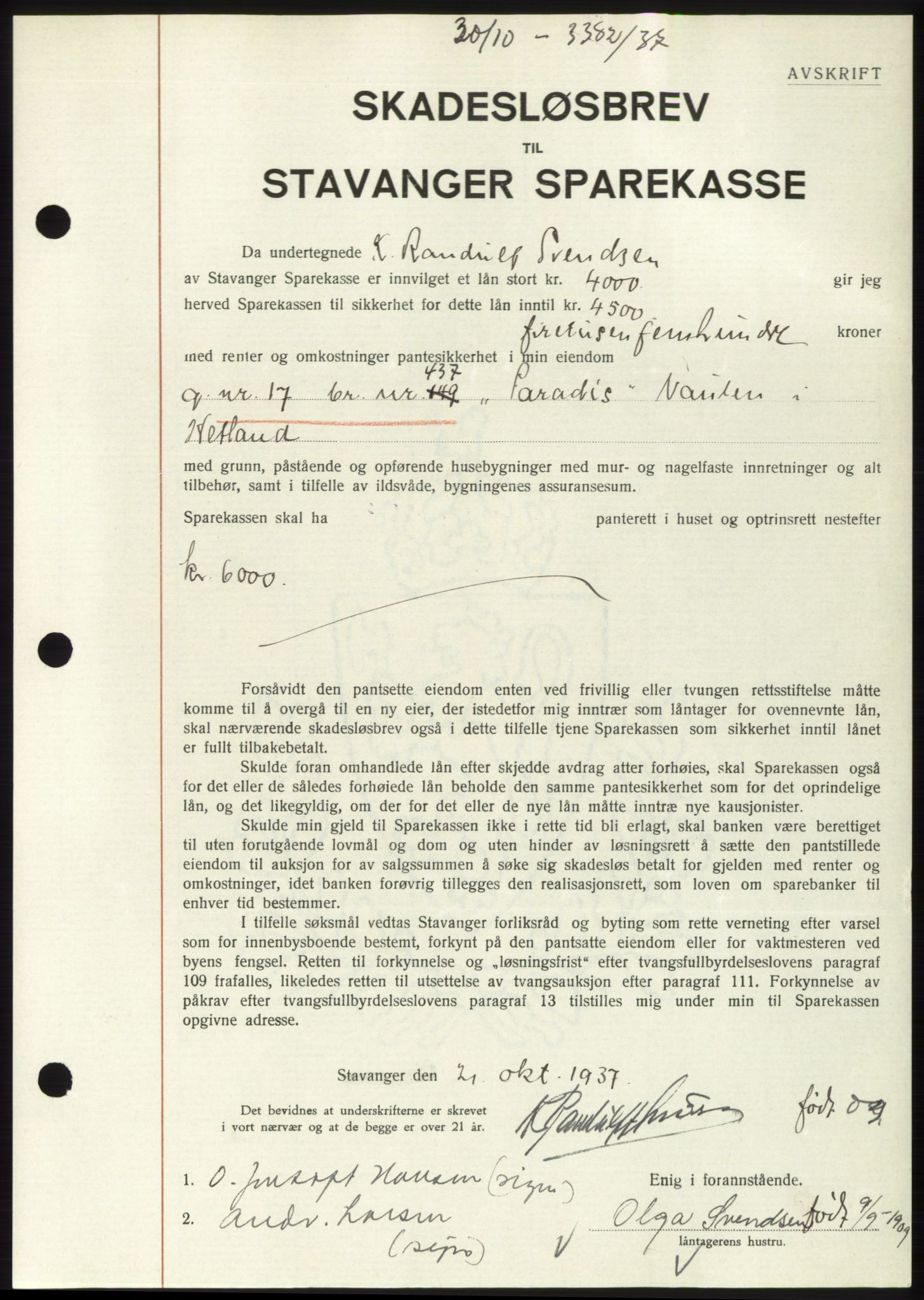 Jæren sorenskriveri, SAST/A-100310/03/G/Gba/L0069: Mortgage book, 1937-1937, Diary no: : 3382/1937