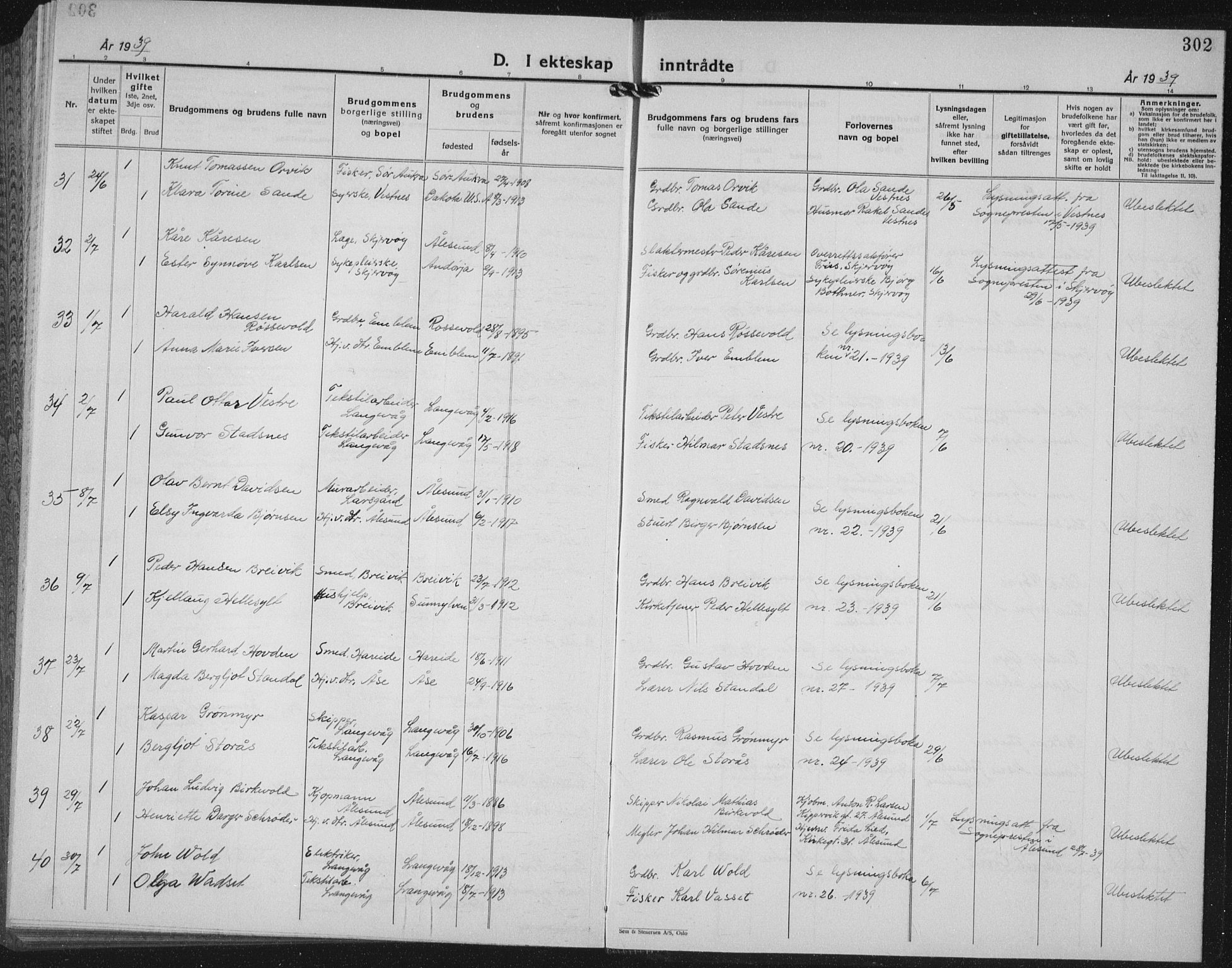 Ministerialprotokoller, klokkerbøker og fødselsregistre - Møre og Romsdal, AV/SAT-A-1454/528/L0436: Parish register (copy) no. 528C17, 1927-1939, p. 302