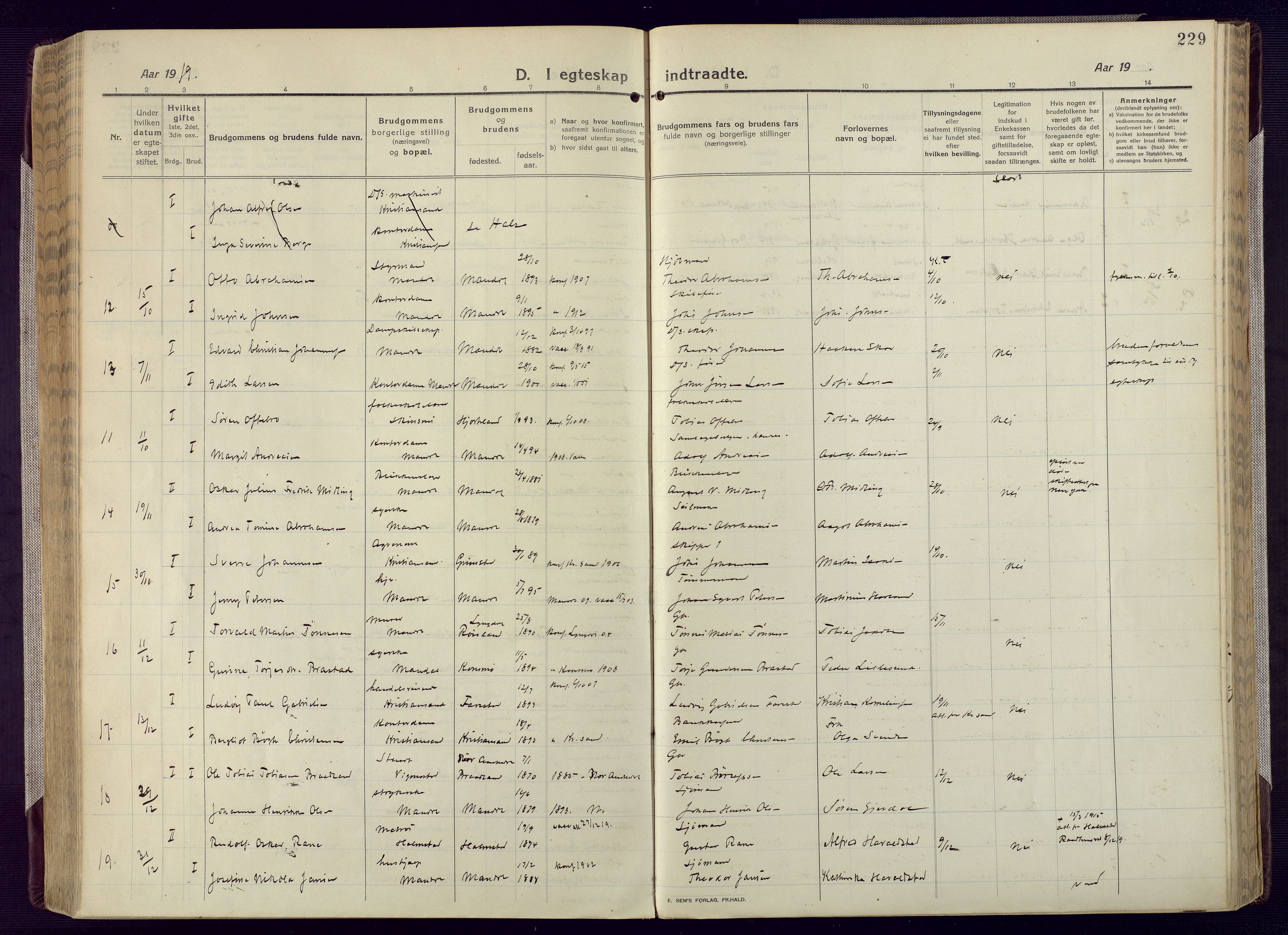 Mandal sokneprestkontor, AV/SAK-1111-0030/F/Fa/Fac/L0001: Parish register (official) no. A 1, 1913-1925, p. 229