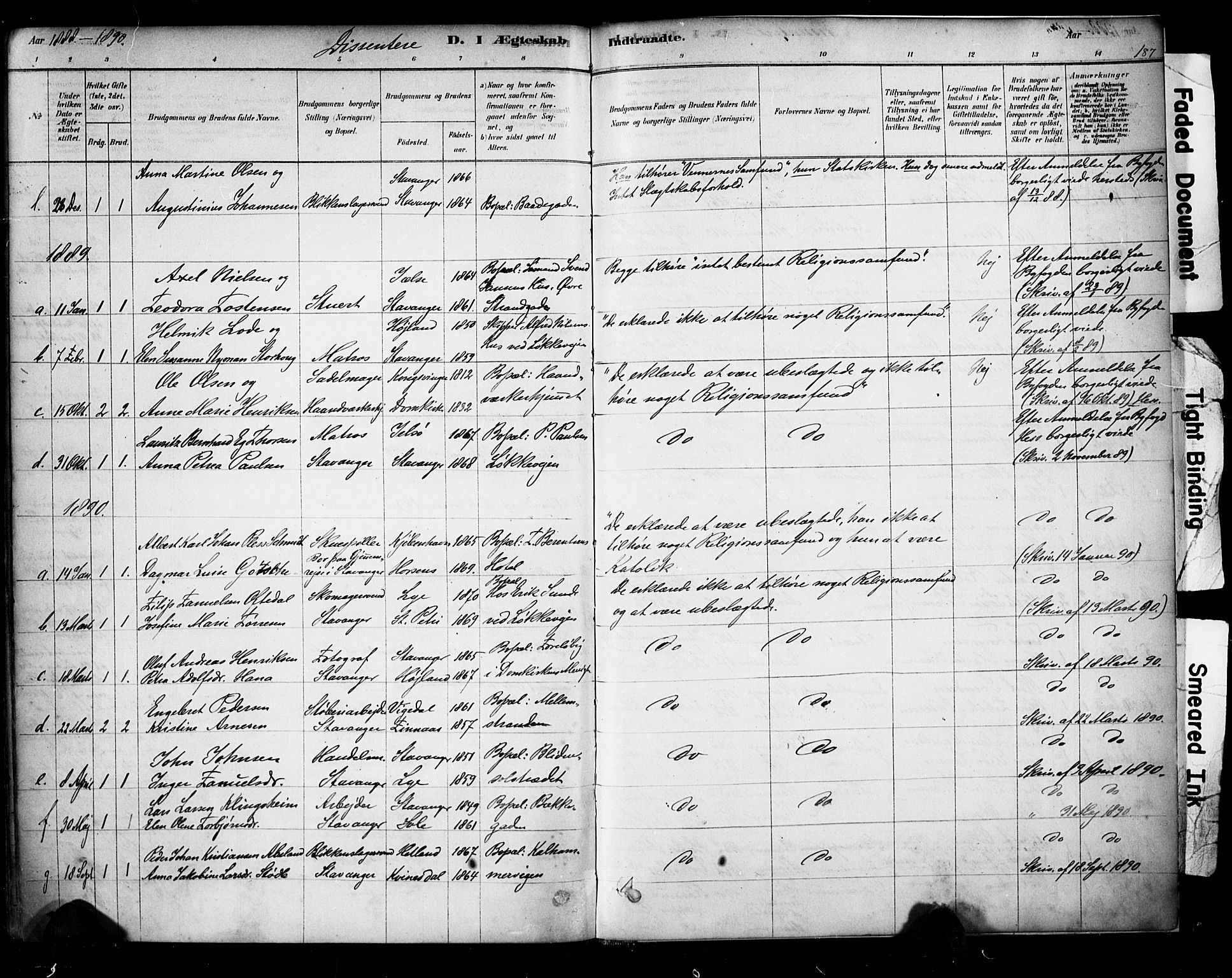 Domkirken sokneprestkontor, SAST/A-101812/001/30/30BA/L0029: Parish register (official) no. A 28, 1878-1904, p. 187