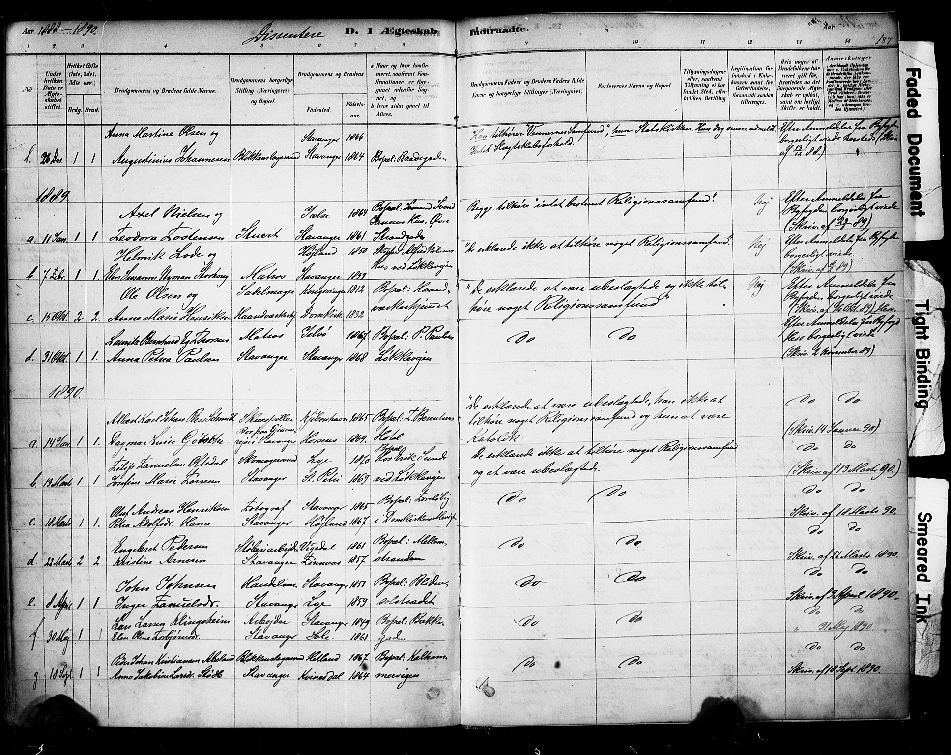 Domkirken sokneprestkontor, AV/SAST-A-101812/001/30/30BA/L0029: Parish register (official) no. A 28, 1878-1904, p. 187