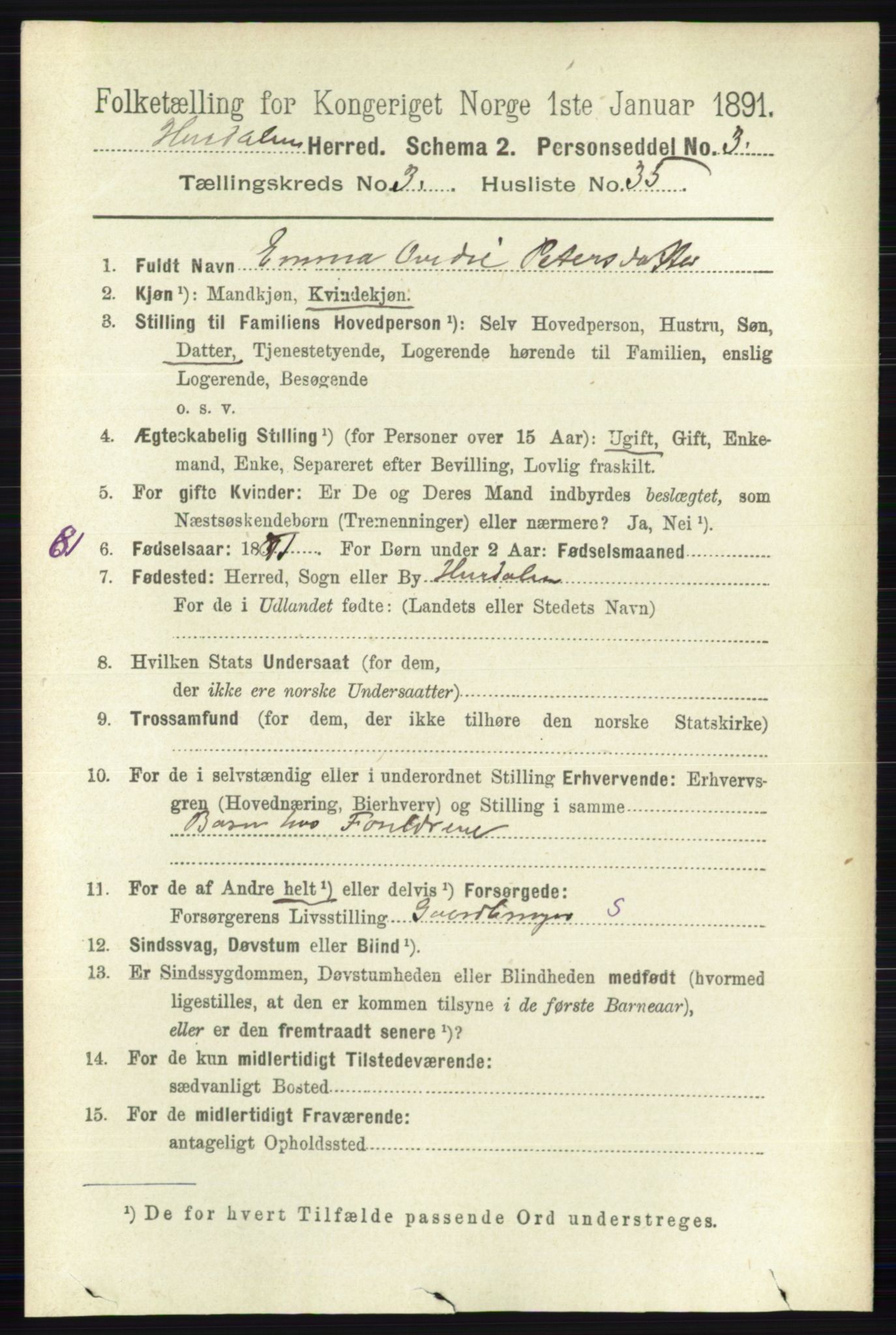 RA, 1891 census for 0239 Hurdal, 1891, p. 1307