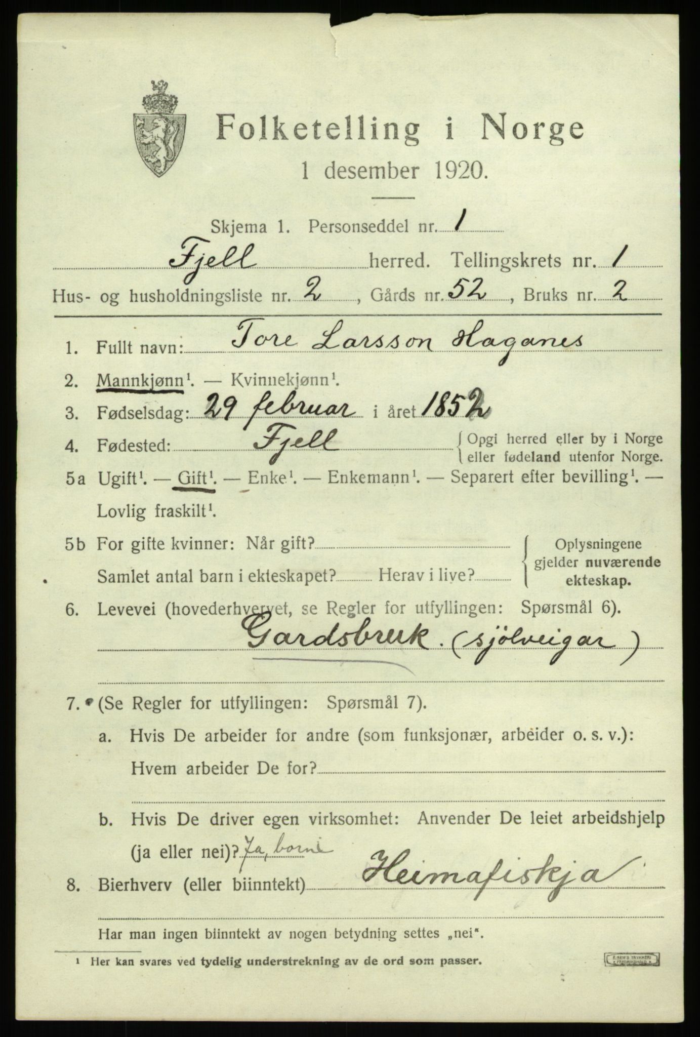 SAB, 1920 census for Fjell, 1920, p. 1472