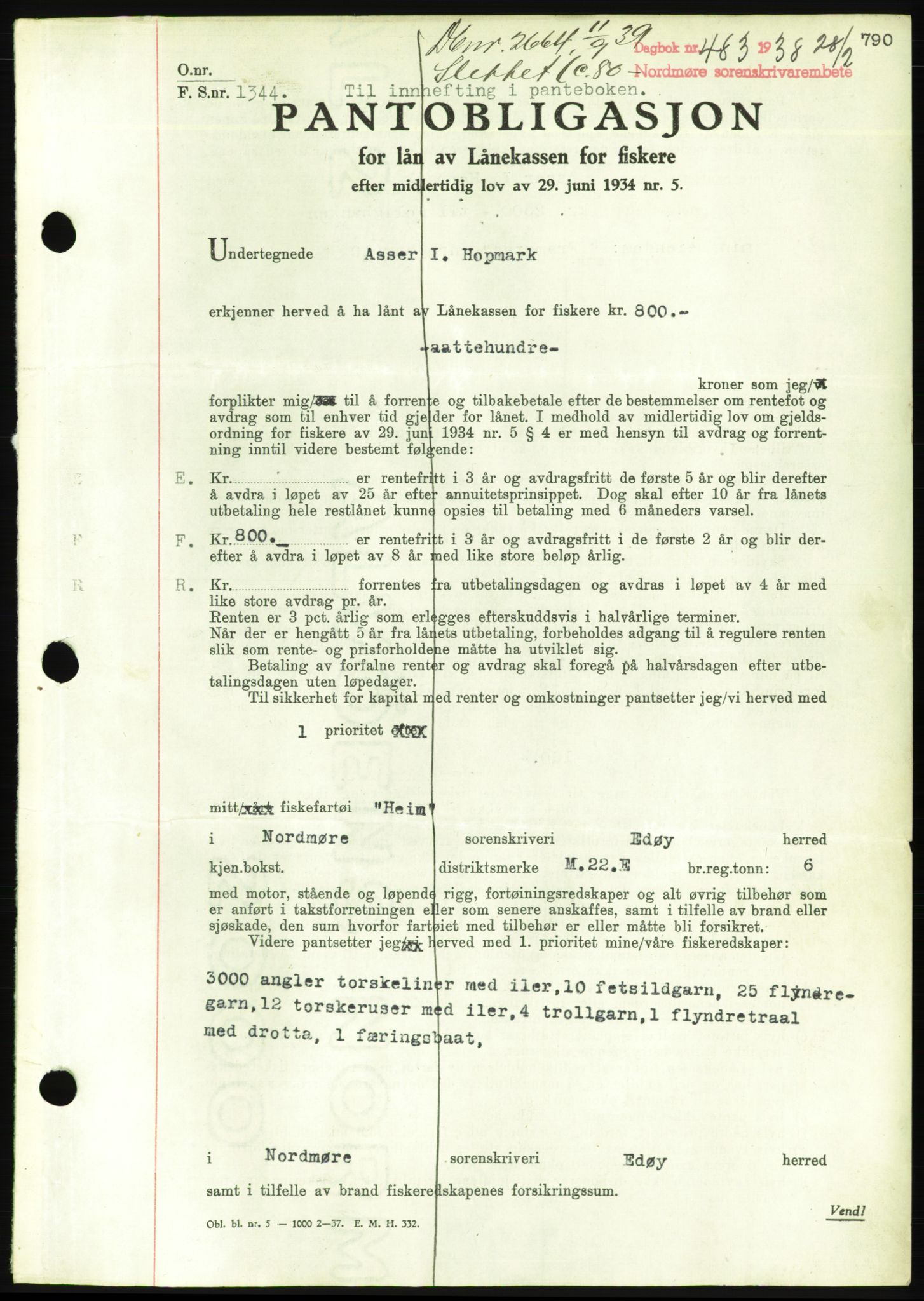 Nordmøre sorenskriveri, AV/SAT-A-4132/1/2/2Ca/L0092: Mortgage book no. B82, 1937-1938, Diary no: : 483/1938