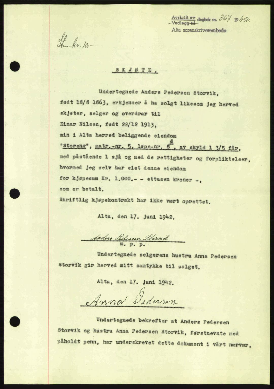 Alta fogderi/sorenskriveri, SATØ/SATØ-5/1/K/Kd/L0033pantebok: Mortgage book no. 33, 1940-1943, Diary no: : 367/1942