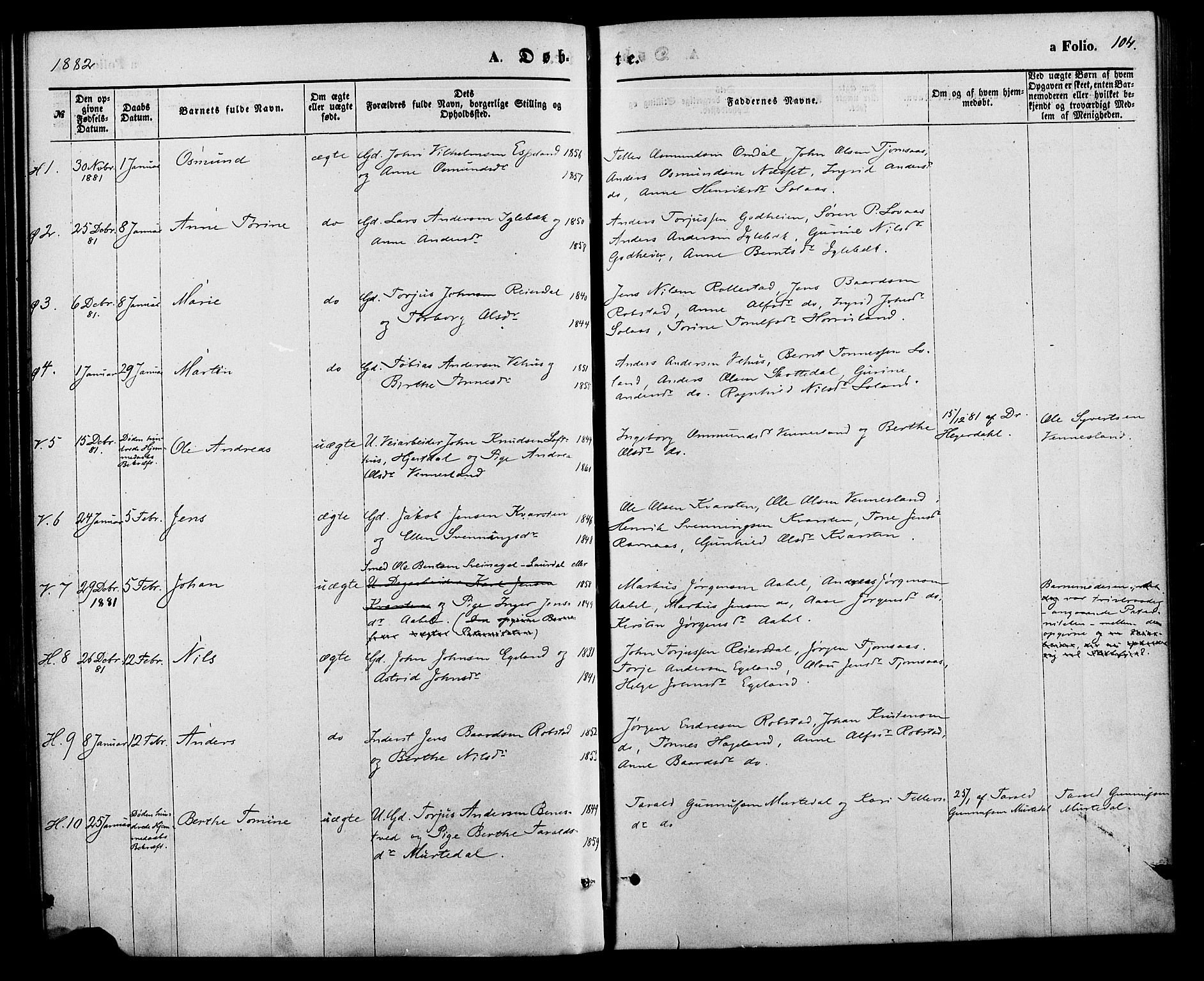 Vennesla sokneprestkontor, AV/SAK-1111-0045/Fa/Fac/L0008: Parish register (official) no. A 8, 1874-1883, p. 104