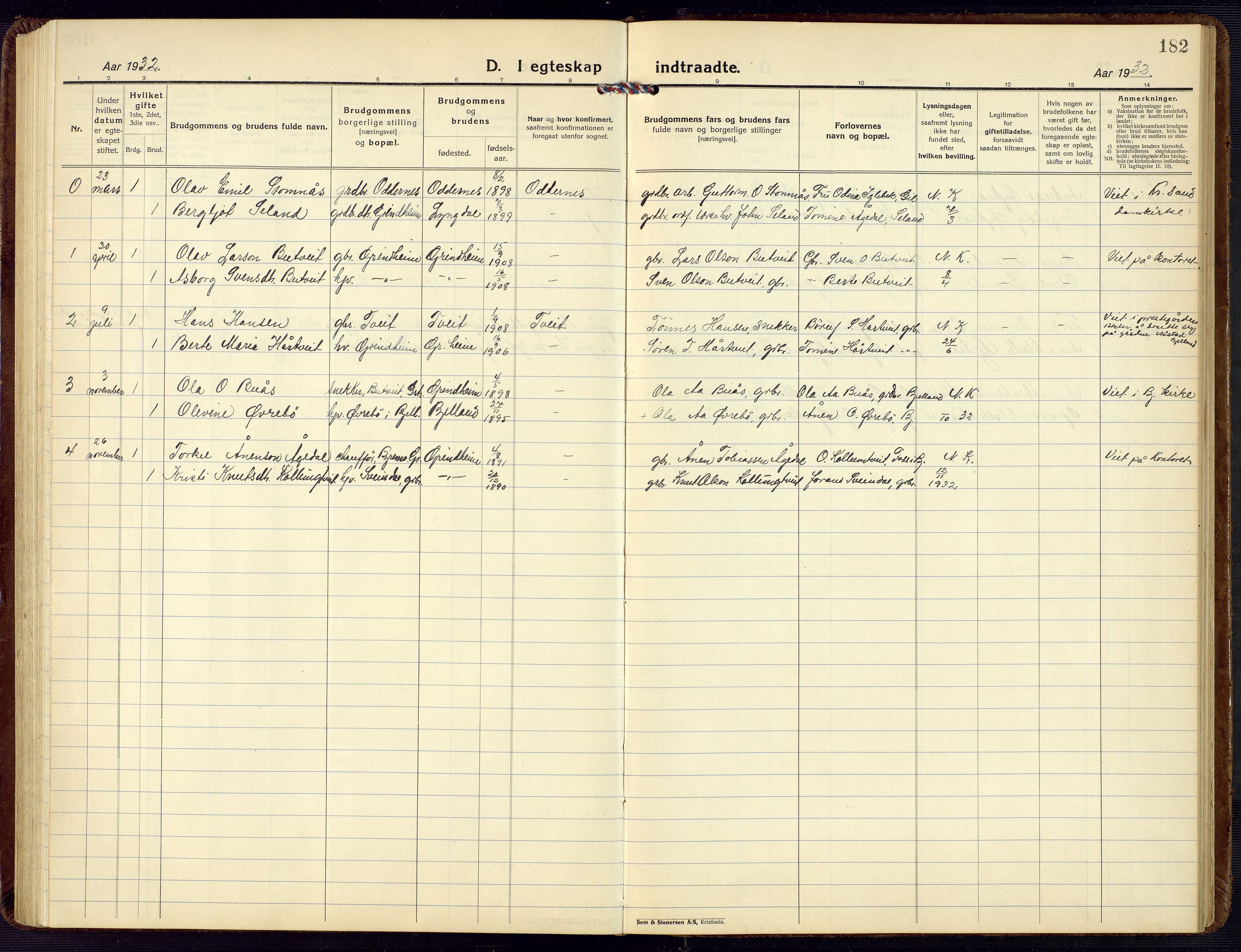 Bjelland sokneprestkontor, SAK/1111-0005/F/Fb/Fbc/L0004: Parish register (copy) no. B 4, 1921-1978, p. 182