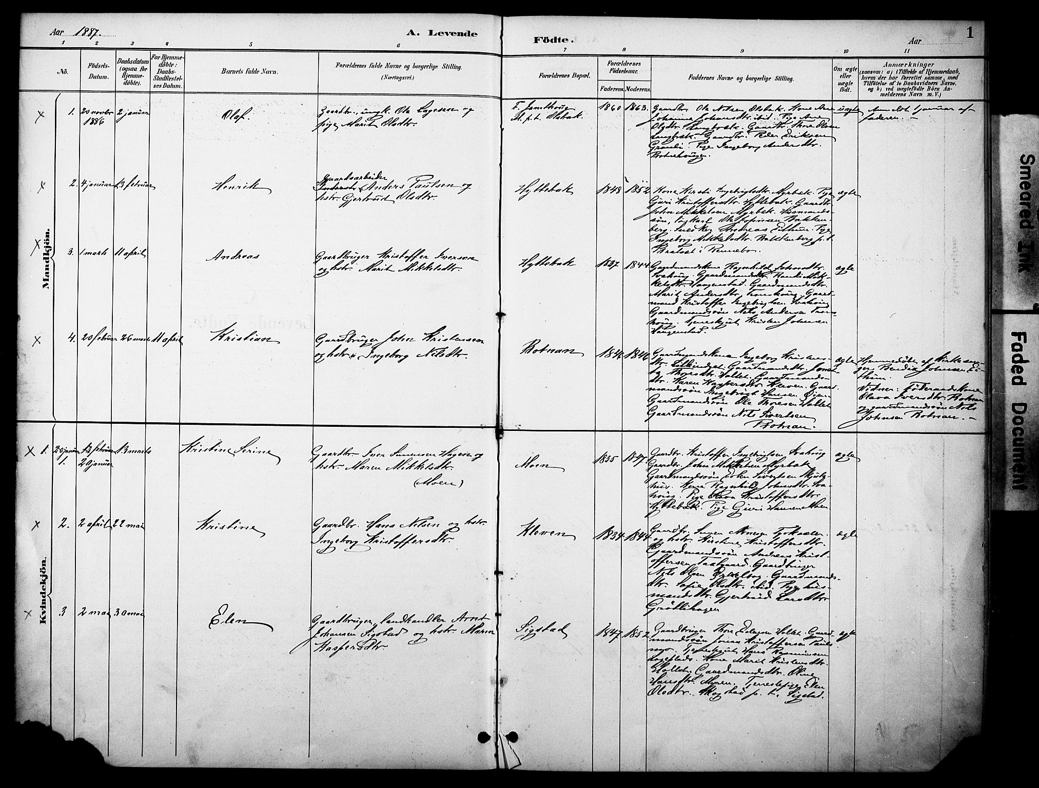 Kvikne prestekontor, AV/SAH-PREST-064/H/Ha/Haa/L0007: Parish register (official) no. 7, 1887-1911, p. 1