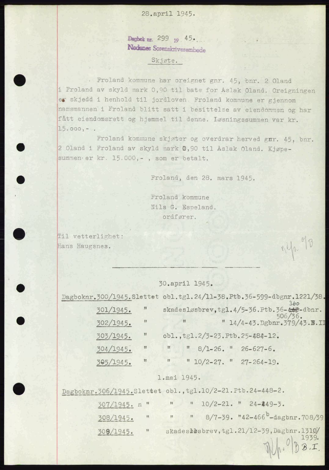 Nedenes sorenskriveri, SAK/1221-0006/G/Gb/Gba/L0052: Mortgage book no. A6a, 1944-1945, Diary no: : 299/1945