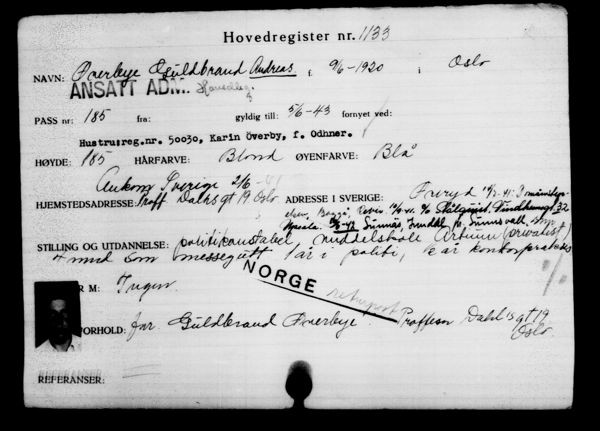 Utenriksstasjonene, Legasjonen i Stockholm, Flyktningkontoret, AV/RA-S-6753/V/Va/L0002: Kjesäterkartoteket, flyktninger med registreringsnr. 1001-2000, 1940-1945, p. 216