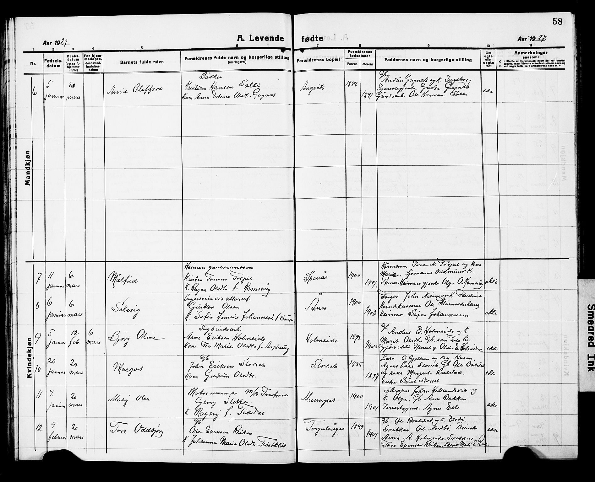 Ministerialprotokoller, klokkerbøker og fødselsregistre - Møre og Romsdal, AV/SAT-A-1454/586/L0994: Parish register (copy) no. 586C05, 1919-1927, p. 58