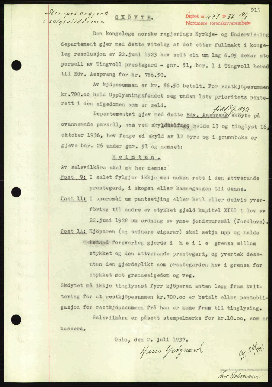 Nordmøre sorenskriveri, AV/SAT-A-4132/1/2/2Ca: Mortgage book no. A81, 1937-1937, Diary no: : 1877/1937