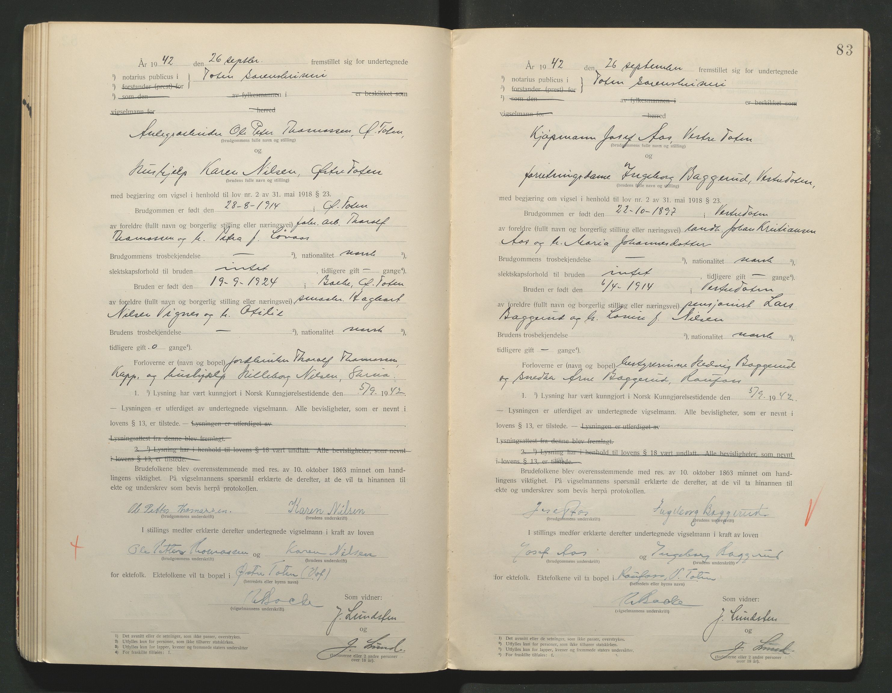 Toten tingrett, AV/SAH-TING-006/L/Lc/L0001: Vigselbok, 1920-1942, p. 83