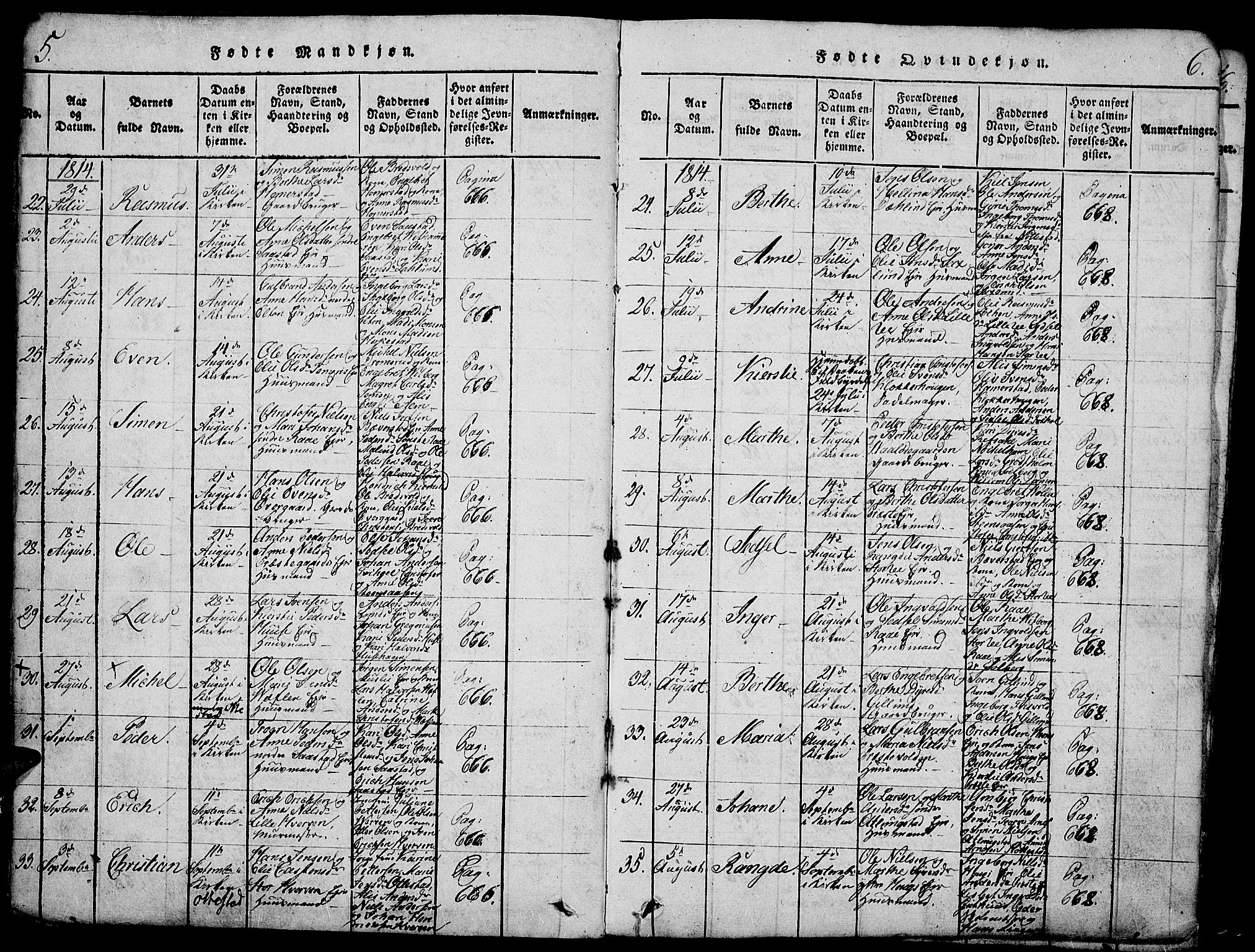 Stange prestekontor, AV/SAH-PREST-002/K/L0008: Parish register (official) no. 8, 1814-1825, p. 5-6