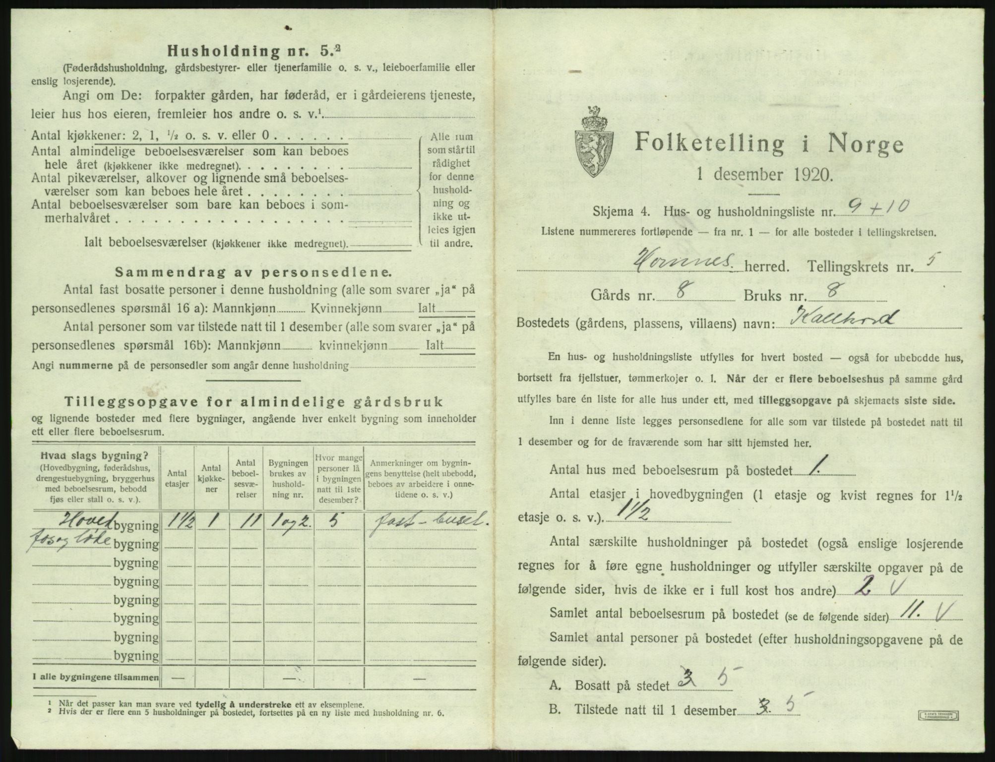 SAK, 1920 census for Hornnes, 1920, p. 221