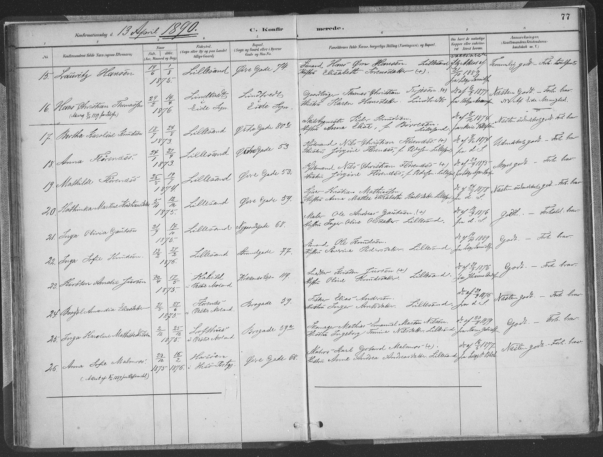 Vestre Moland sokneprestkontor, AV/SAK-1111-0046/F/Fa/Faa/L0001: Parish register (official) no. A 1, 1884-1899, p. 77