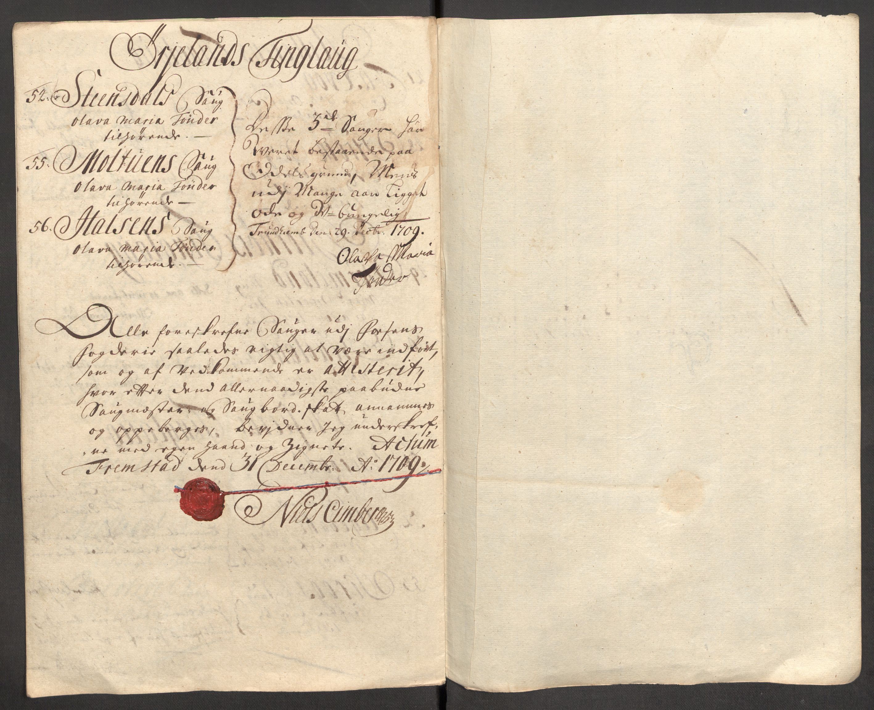 Rentekammeret inntil 1814, Reviderte regnskaper, Fogderegnskap, RA/EA-4092/R57/L3858: Fogderegnskap Fosen, 1708-1709, p. 283