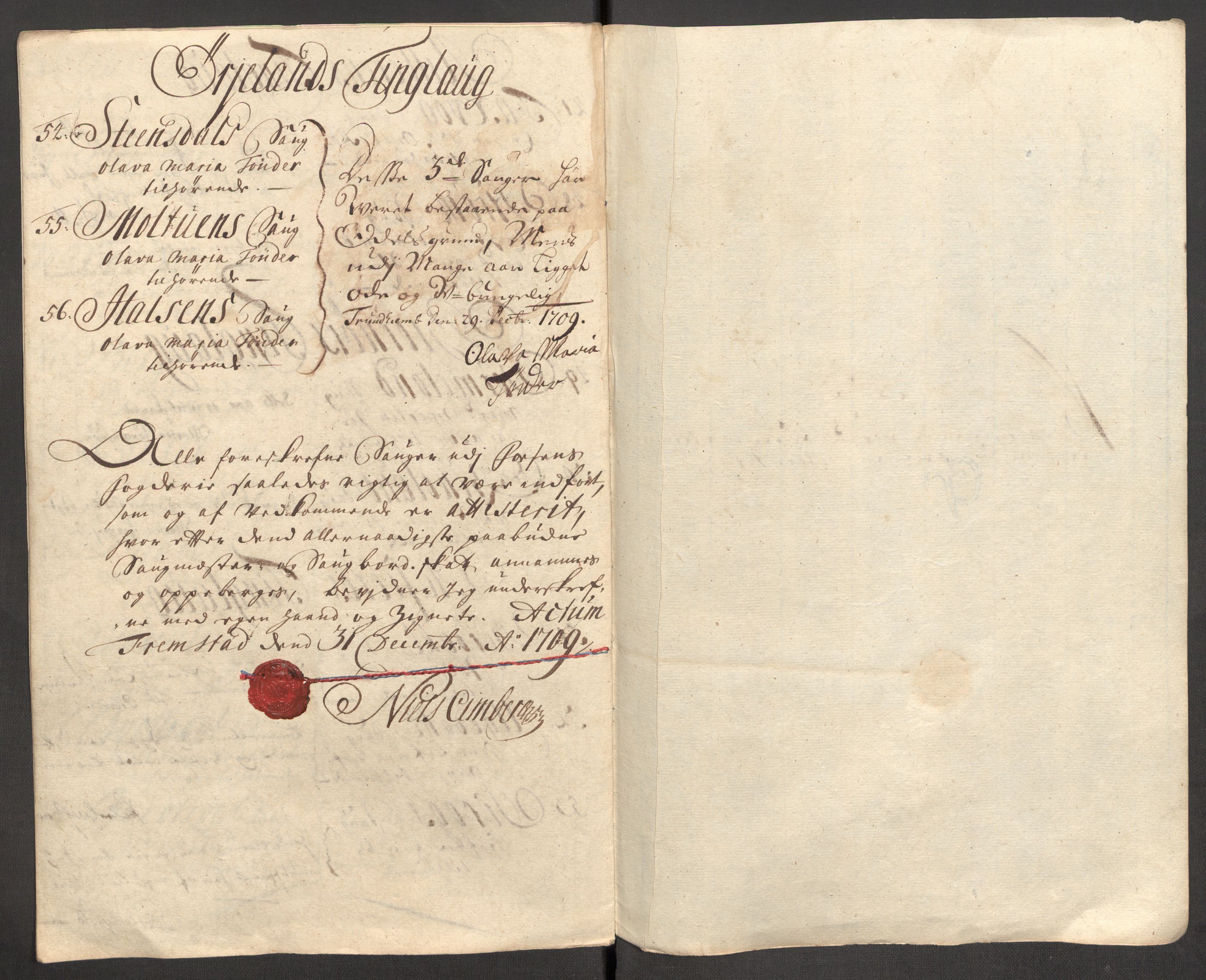 Rentekammeret inntil 1814, Reviderte regnskaper, Fogderegnskap, AV/RA-EA-4092/R57/L3858: Fogderegnskap Fosen, 1708-1709, p. 283