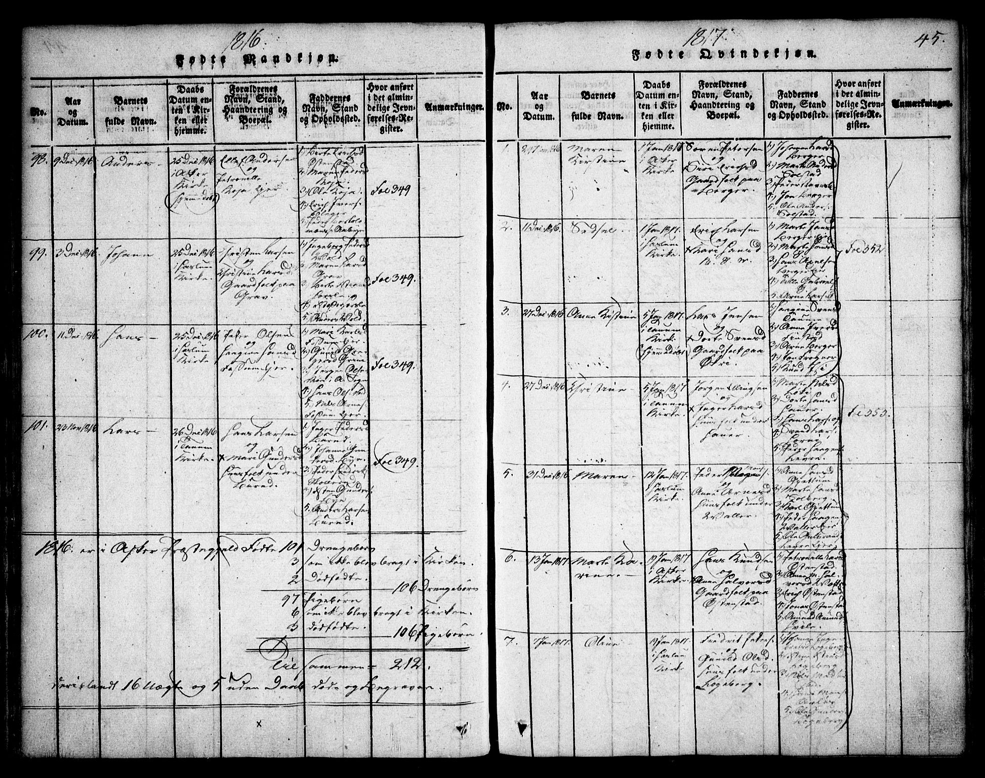 Asker prestekontor Kirkebøker, SAO/A-10256a/F/Fa/L0006: Parish register (official) no. I 6, 1814-1824, p. 45
