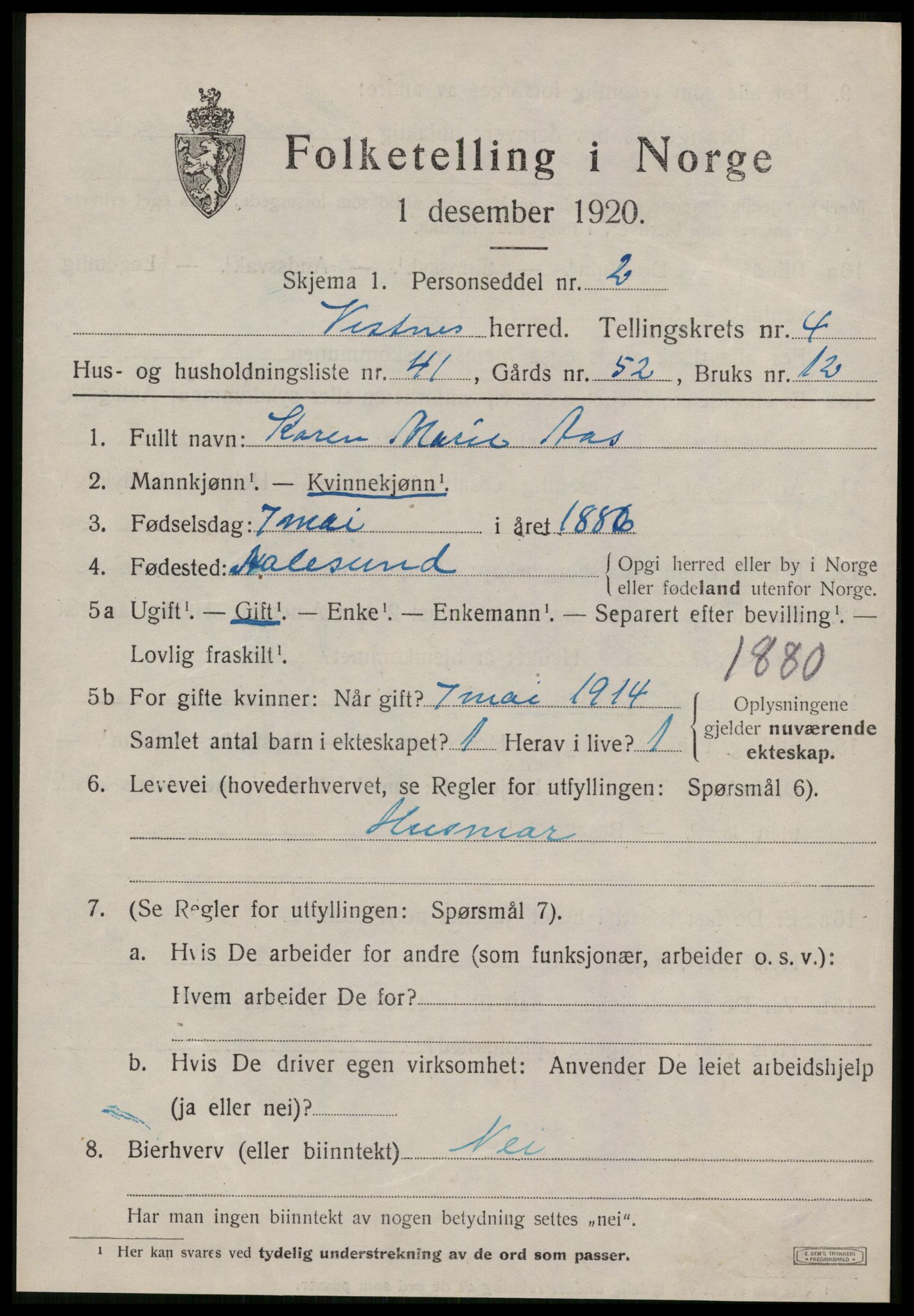 SAT, 1920 census for Vestnes, 1920, p. 3753