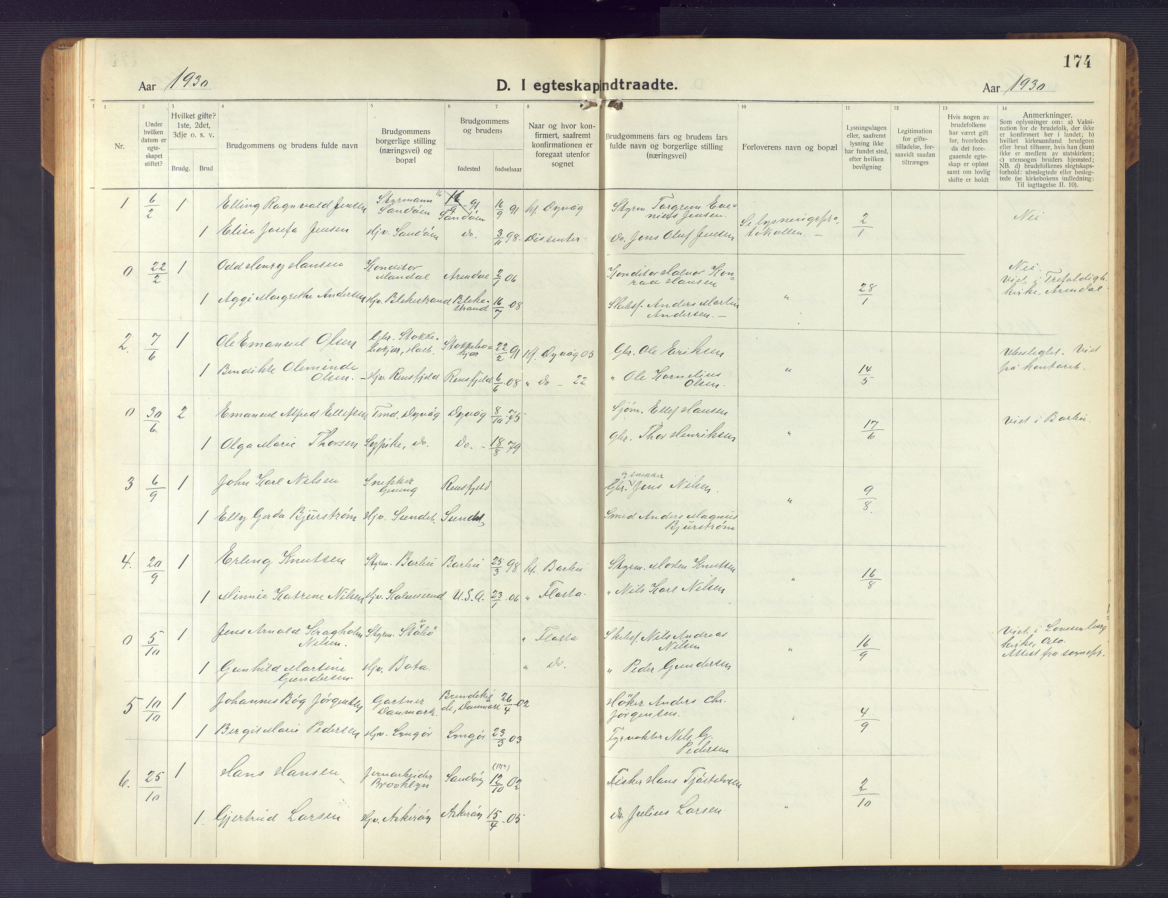 Dypvåg sokneprestkontor, SAK/1111-0007/F/Fb/Fba/L0015: Parish register (copy) no. B 15, 1922-1949, p. 174