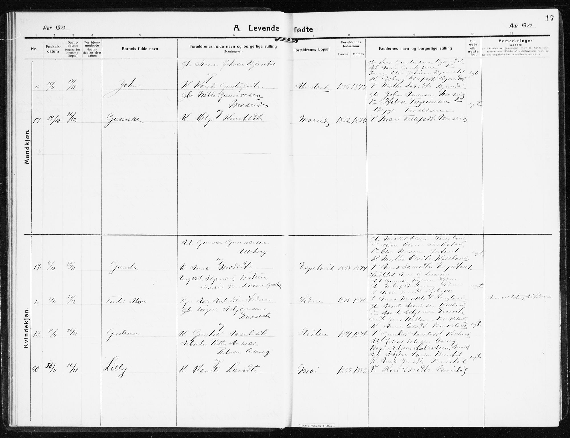 Evje sokneprestkontor, SAK/1111-0008/F/Fb/Fbb/L0003: Parish register (copy) no. B 3, 1910-1933, p. 17