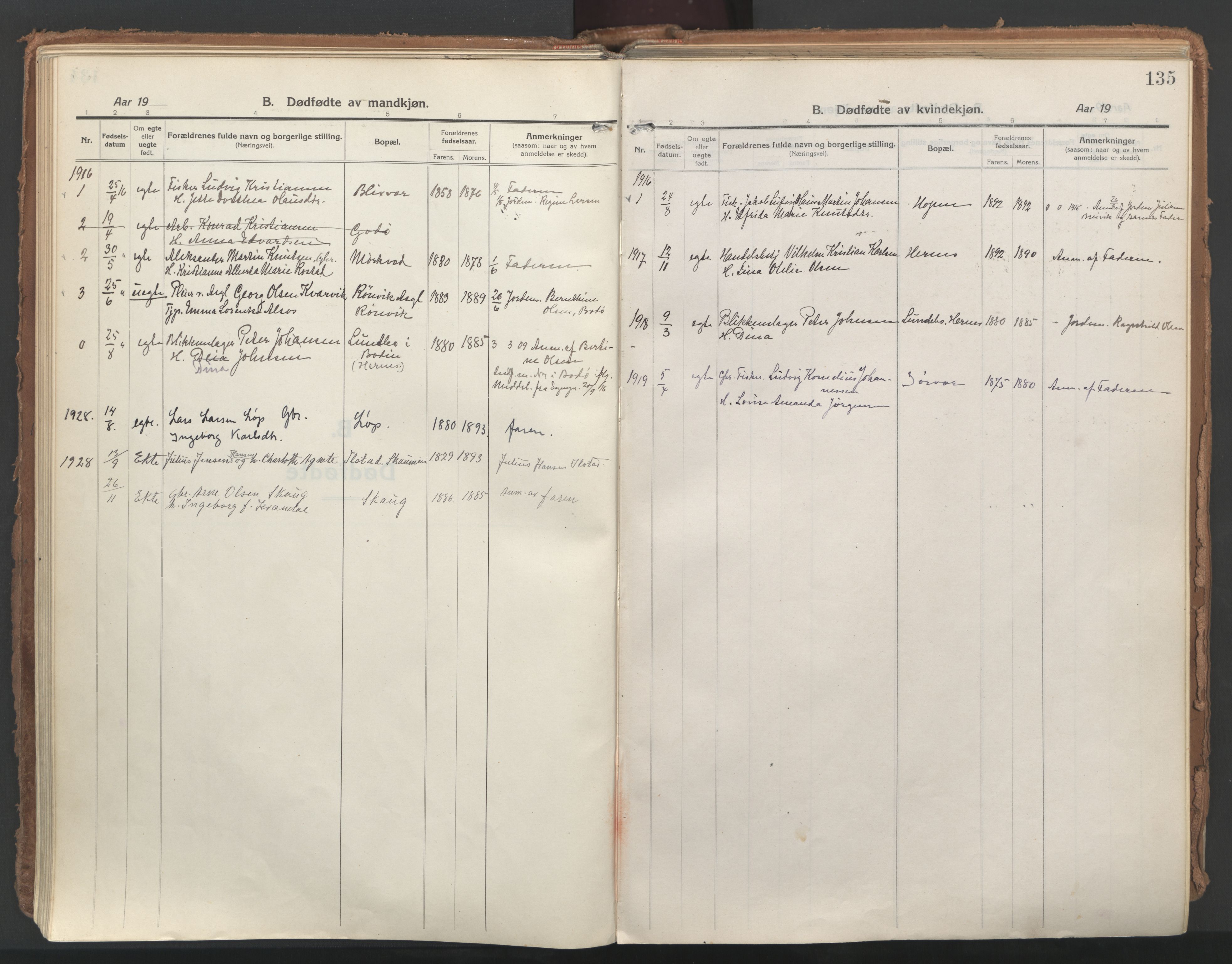 Ministerialprotokoller, klokkerbøker og fødselsregistre - Nordland, SAT/A-1459/802/L0060: Parish register (official) no. 802A07, 1916-1933, p. 135