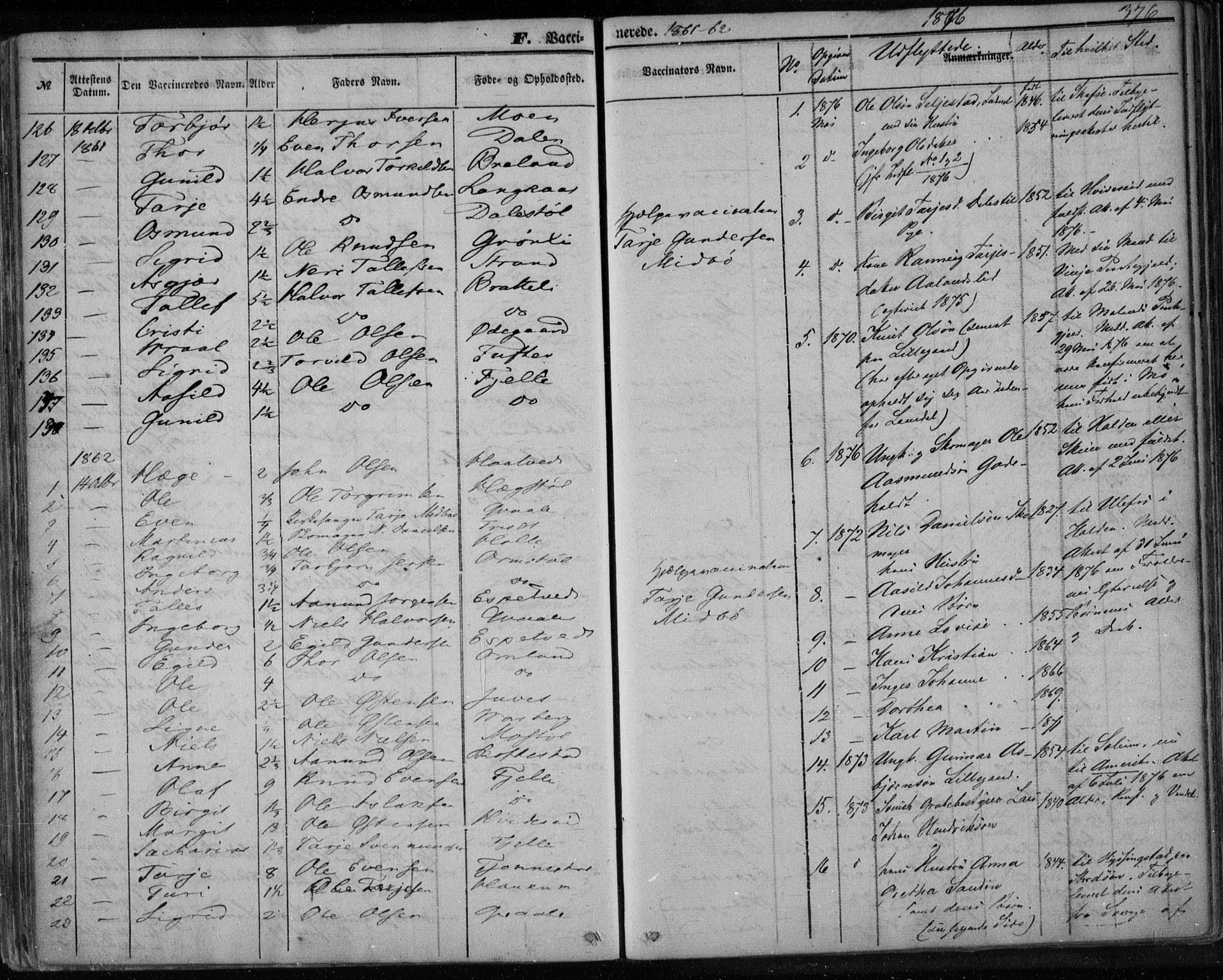 Lårdal kirkebøker, SAKO/A-284/F/Fa/L0006: Parish register (official) no. I 6, 1861-1886, p. 376