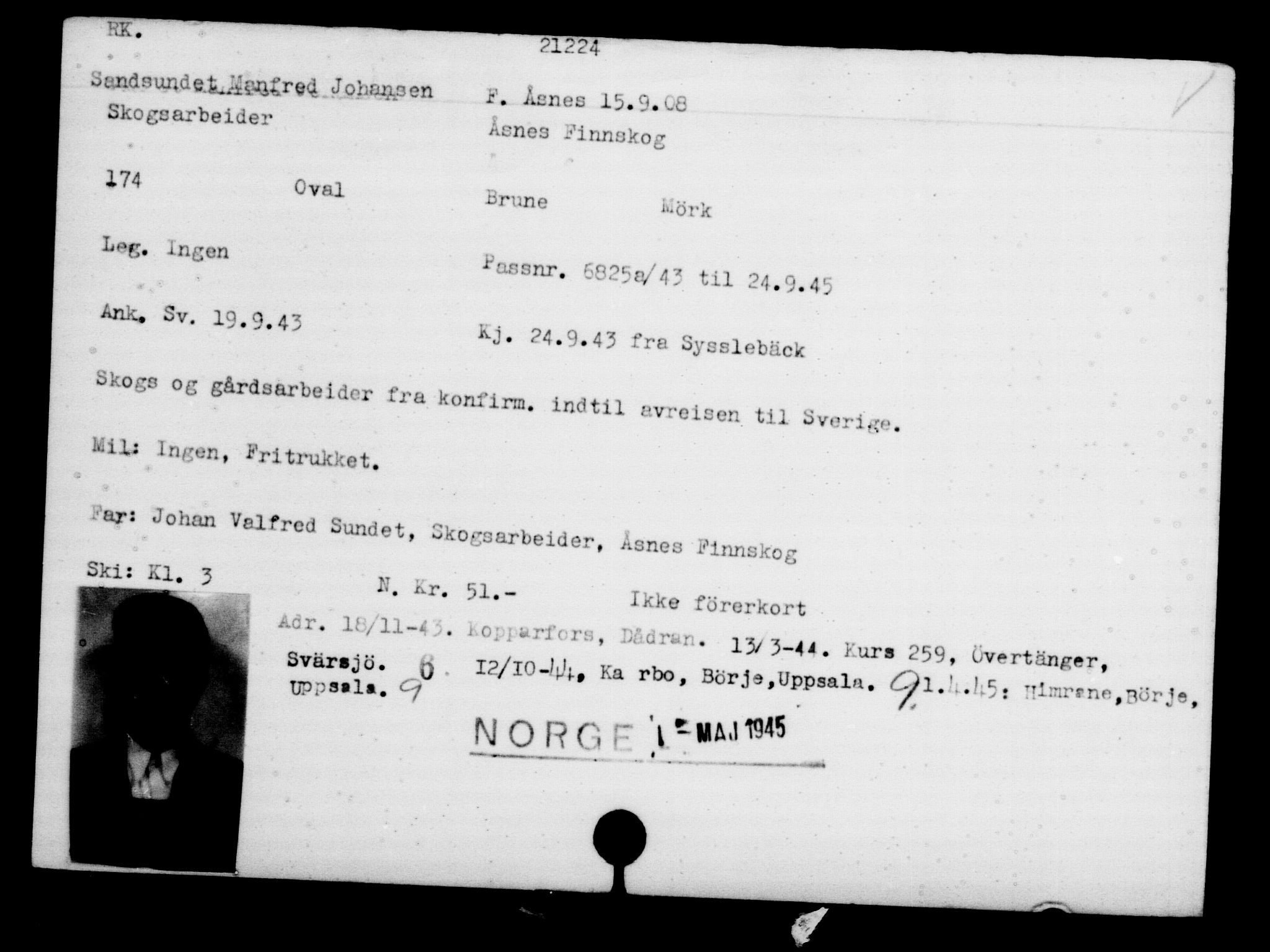 Utenriksstasjonene, Legasjonen i Stockholm, Flyktningkontoret, AV/RA-S-6753/V/Va/L0009: Kjesäterkartoteket, flyktninger med registreringsnr. 18502-22048, 1940-1945, p. 2230