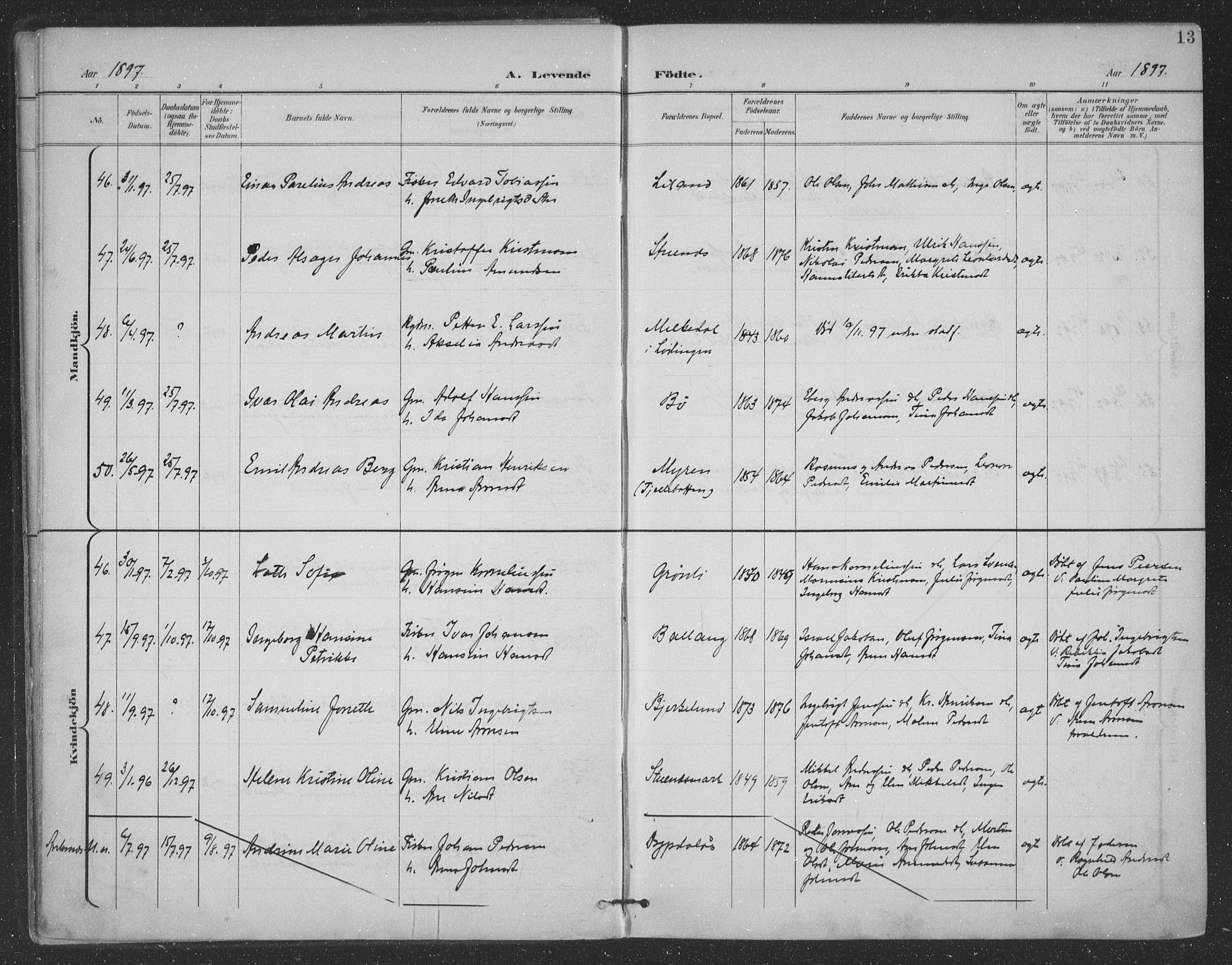 Ministerialprotokoller, klokkerbøker og fødselsregistre - Nordland, AV/SAT-A-1459/863/L0899: Parish register (official) no. 863A11, 1897-1906, p. 13