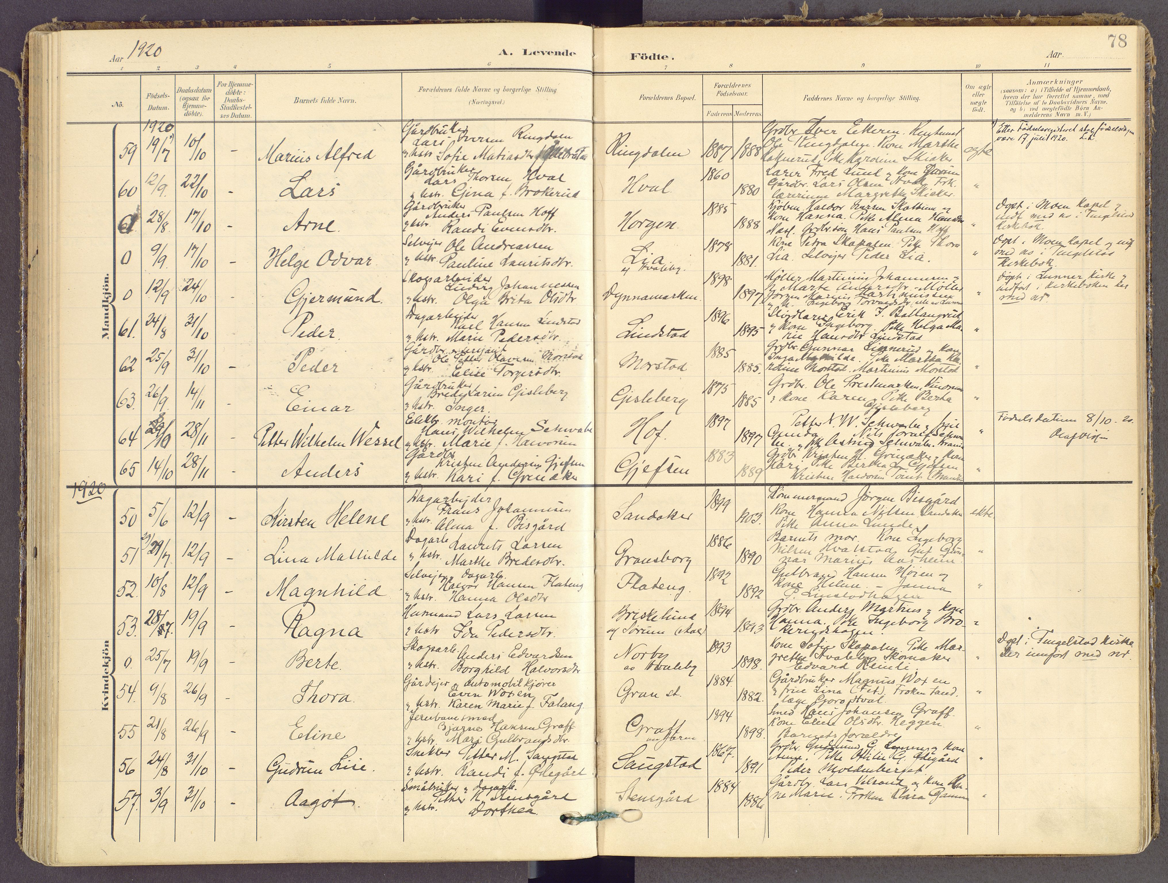 Gran prestekontor, AV/SAH-PREST-112/H/Ha/Haa/L0021: Parish register (official) no. 21, 1908-1932, p. 78