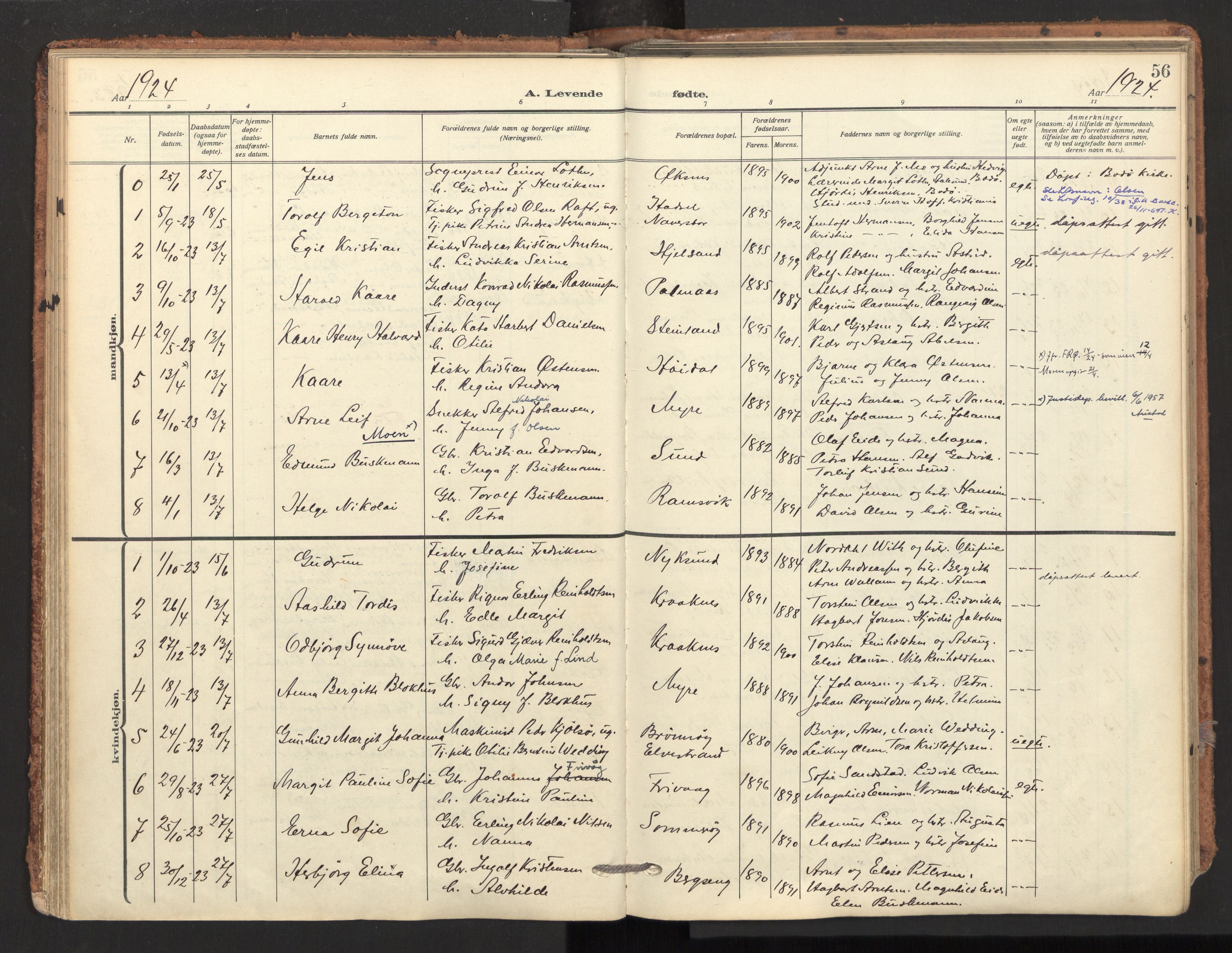Ministerialprotokoller, klokkerbøker og fødselsregistre - Nordland, SAT/A-1459/893/L1343: Parish register (official) no. 893A15, 1914-1928, p. 56