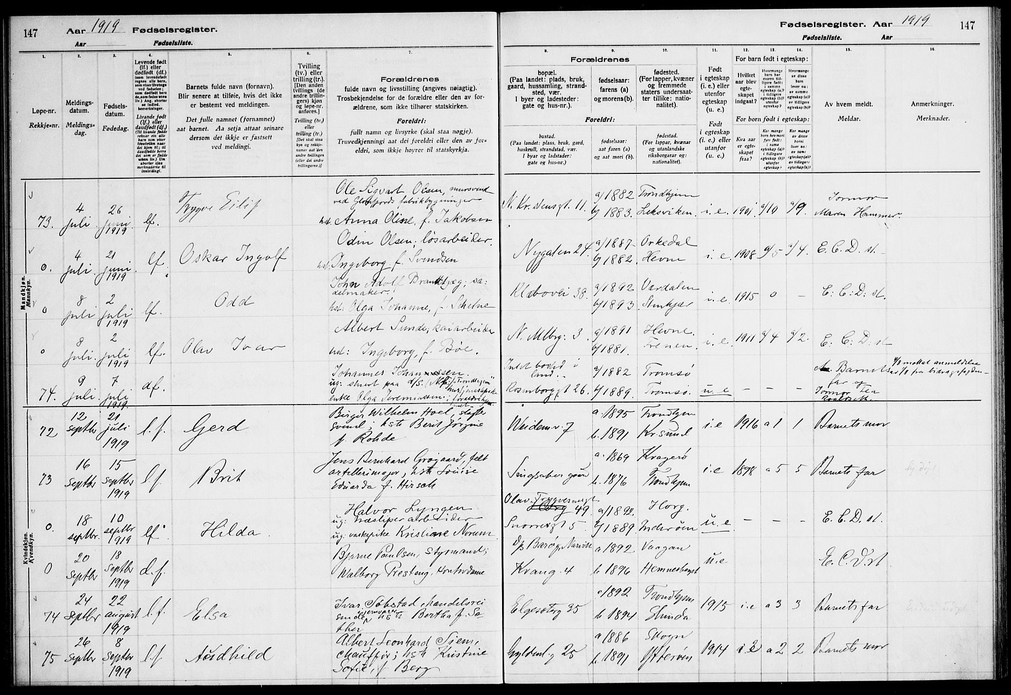 Ministerialprotokoller, klokkerbøker og fødselsregistre - Sør-Trøndelag, AV/SAT-A-1456/604/L0232: Birth register no. 604.II.4.1, 1916-1920, p. 147