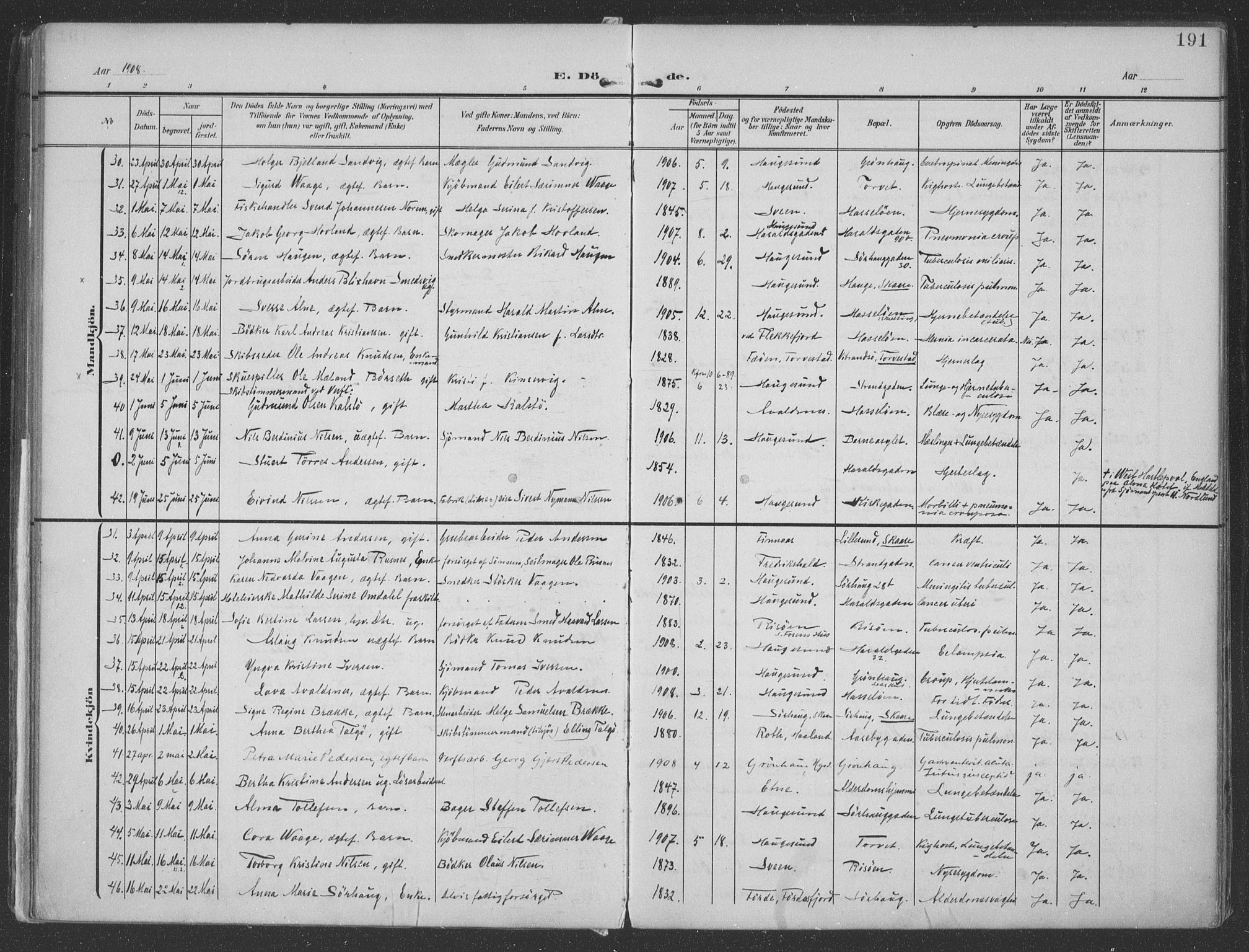 Haugesund sokneprestkontor, AV/SAST-A -101863/H/Ha/Haa/L0007: Parish register (official) no. A 7, 1904-1916, p. 191