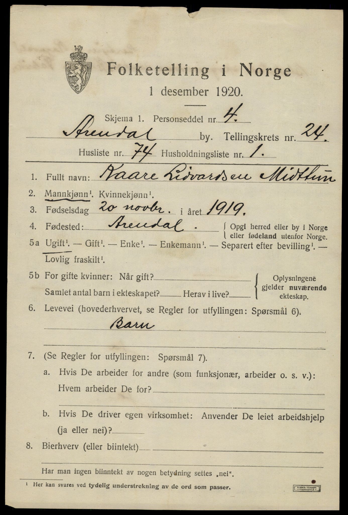 SAK, 1920 census for Arendal, 1920, p. 30308