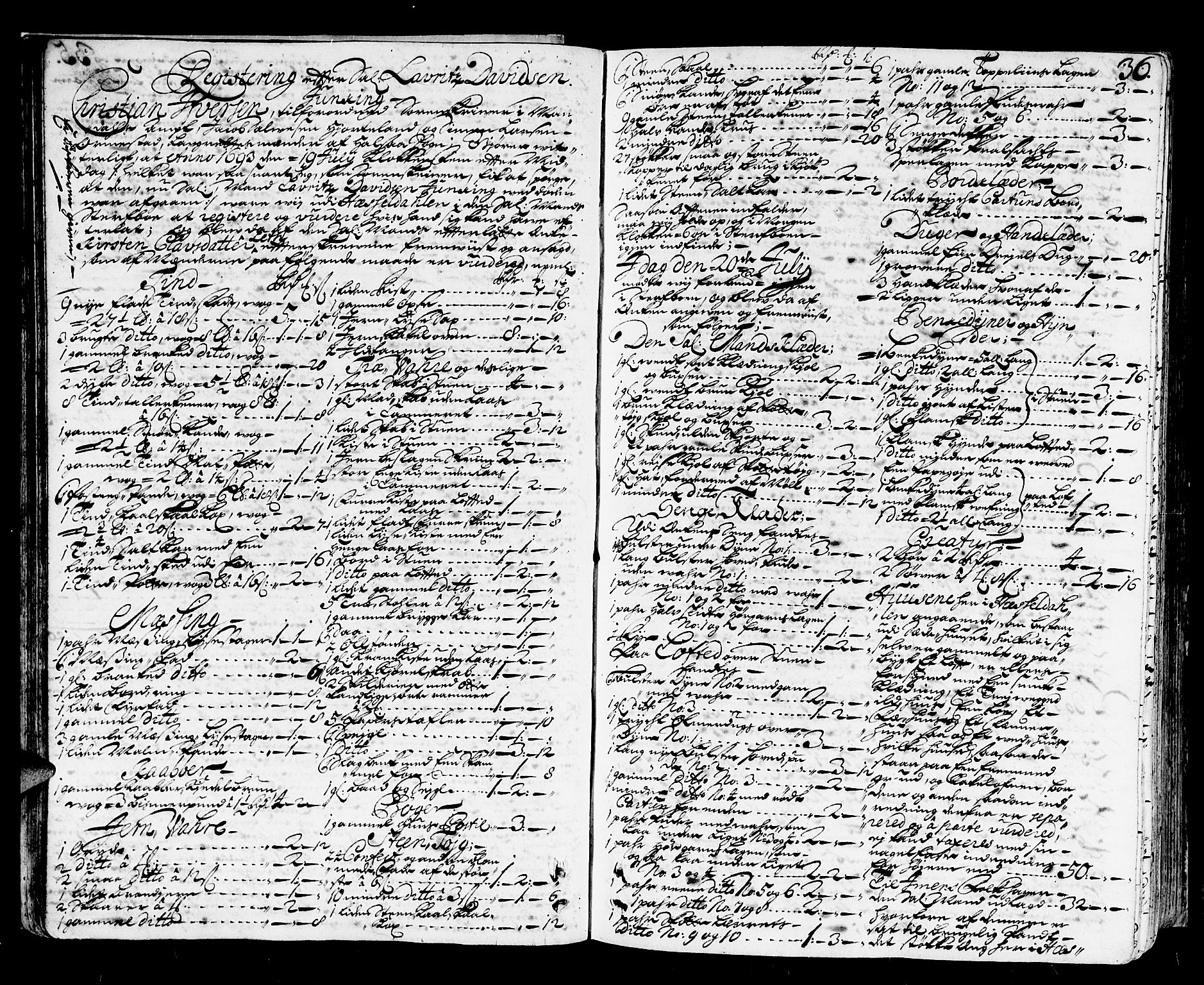 Mandal sorenskriveri, SAK/1221-0005/001/H/Hc/L0008: Skifteprotokoll med register, original i eske nr 4a, 1693-1702, p. 35b-36a
