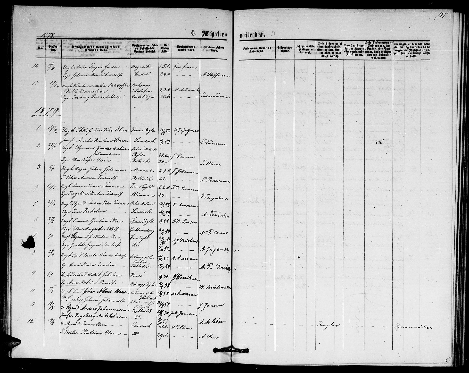 Hisøy sokneprestkontor, SAK/1111-0020/F/Fb/L0002: Parish register (copy) no. B 2, 1873-1885, p. 157