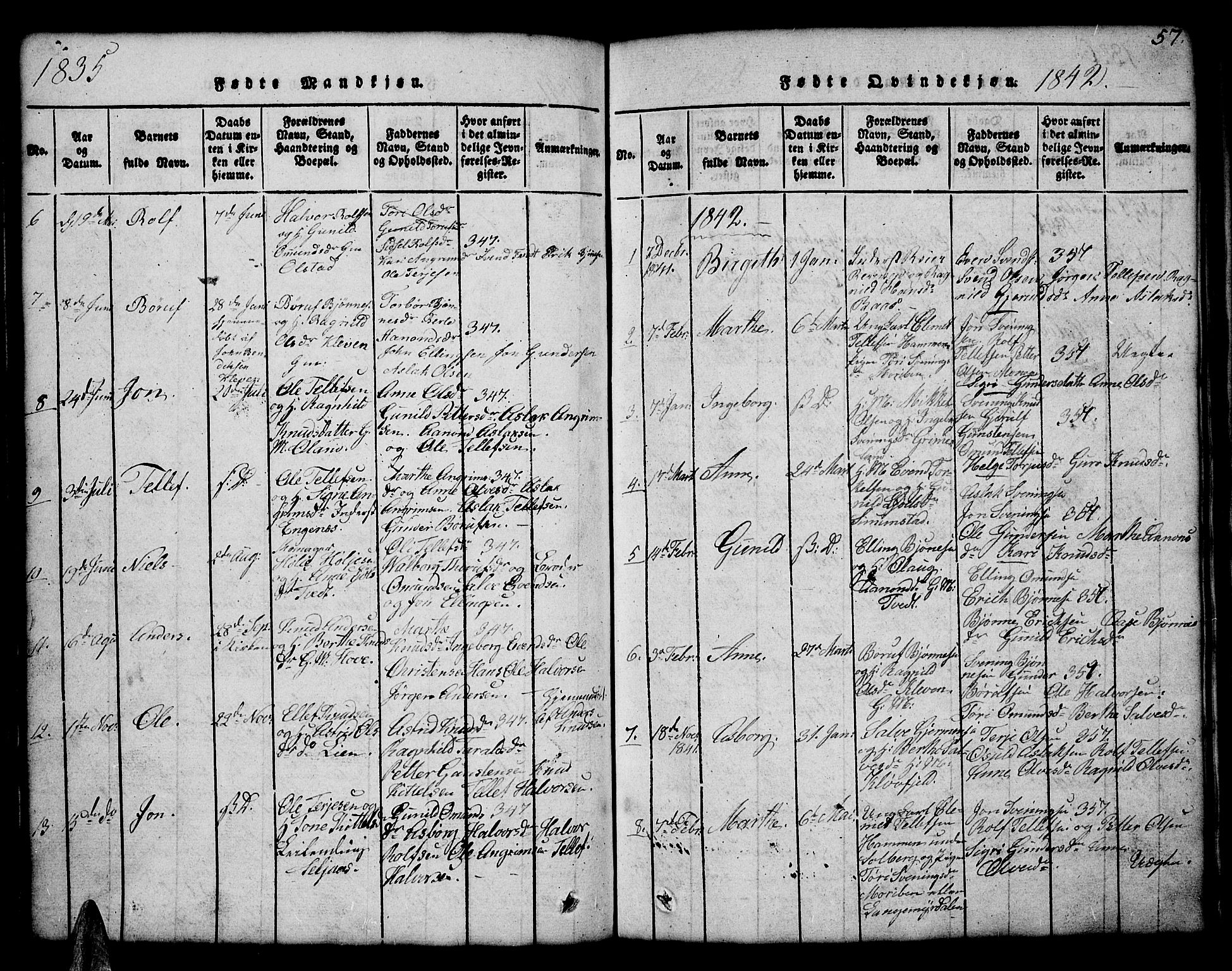 Åmli sokneprestkontor, AV/SAK-1111-0050/F/Fb/Fbc/L0001: Parish register (copy) no. B 1, 1816-1867, p. 57