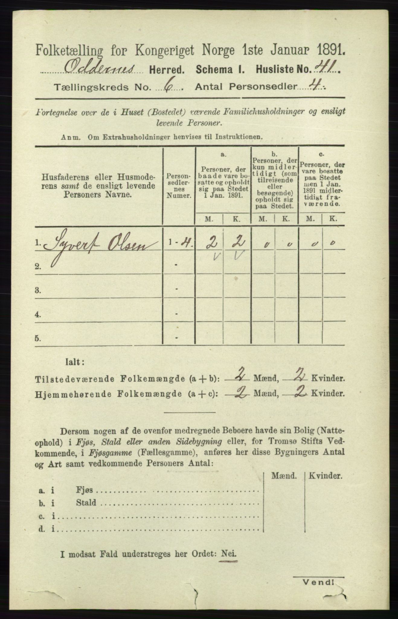 RA, 1891 census for 1012 Oddernes, 1891, p. 2190