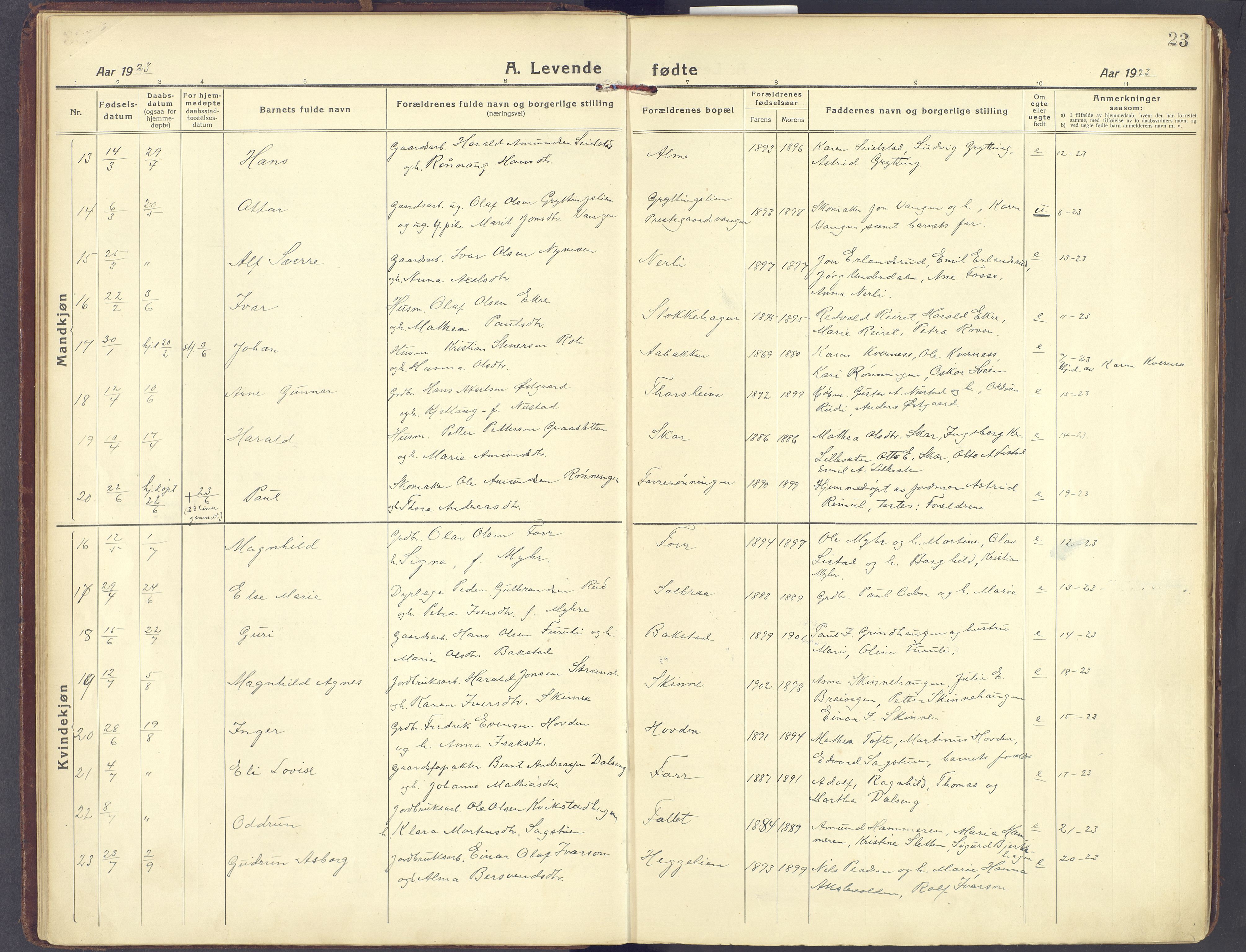 Sør-Fron prestekontor, SAH/PREST-010/H/Ha/Haa/L0005: Parish register (official) no. 5, 1920-1933, p. 23