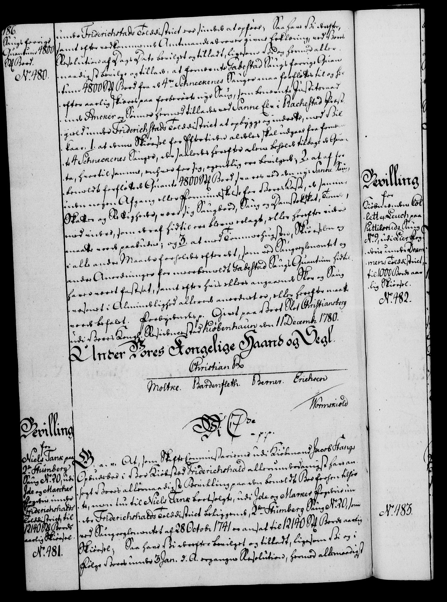 Rentekammeret, Kammerkanselliet, AV/RA-EA-3111/G/Gg/Gga/L0011: Norsk ekspedisjonsprotokoll med register (merket RK 53.11), 1779-1781, p. 186