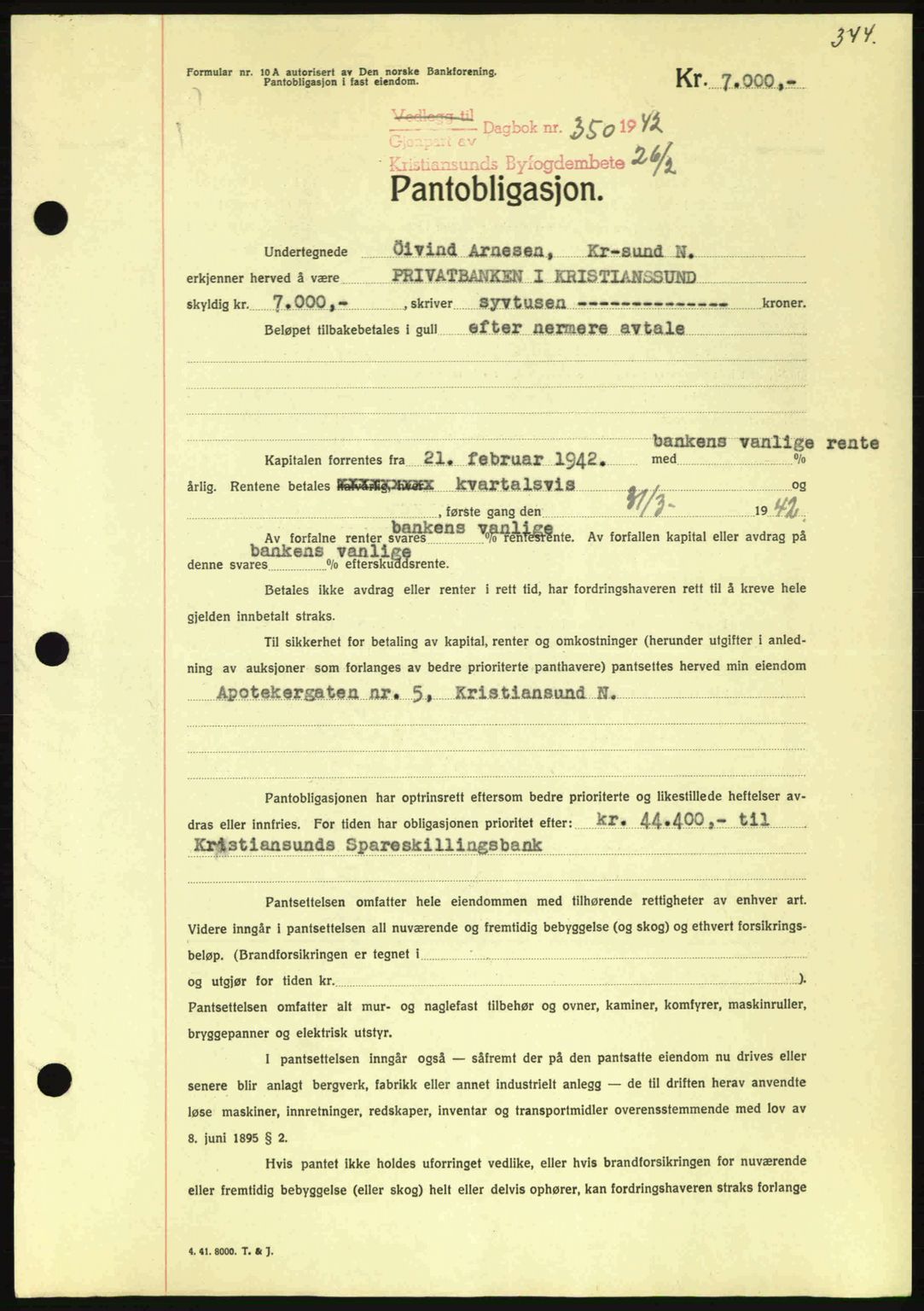 Kristiansund byfogd, AV/SAT-A-4587/A/27: Mortgage book no. 35, 1941-1942, Diary no: : 350/1942