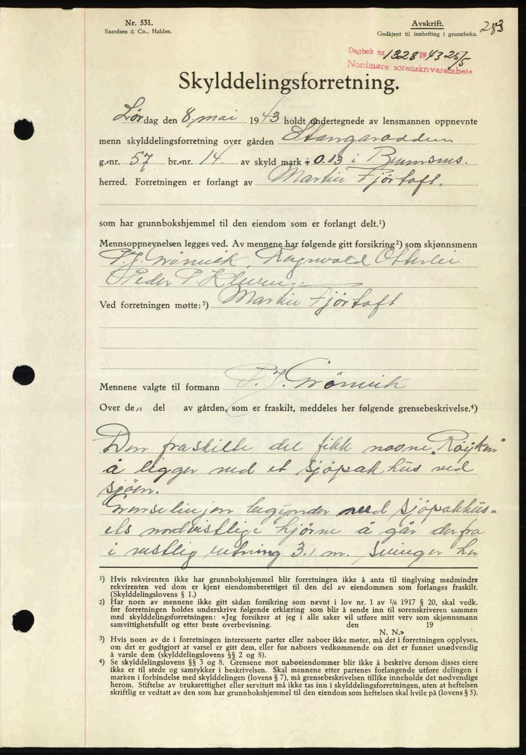 Nordmøre sorenskriveri, AV/SAT-A-4132/1/2/2Ca: Mortgage book no. A95, 1943-1943, Diary no: : 1328/1943