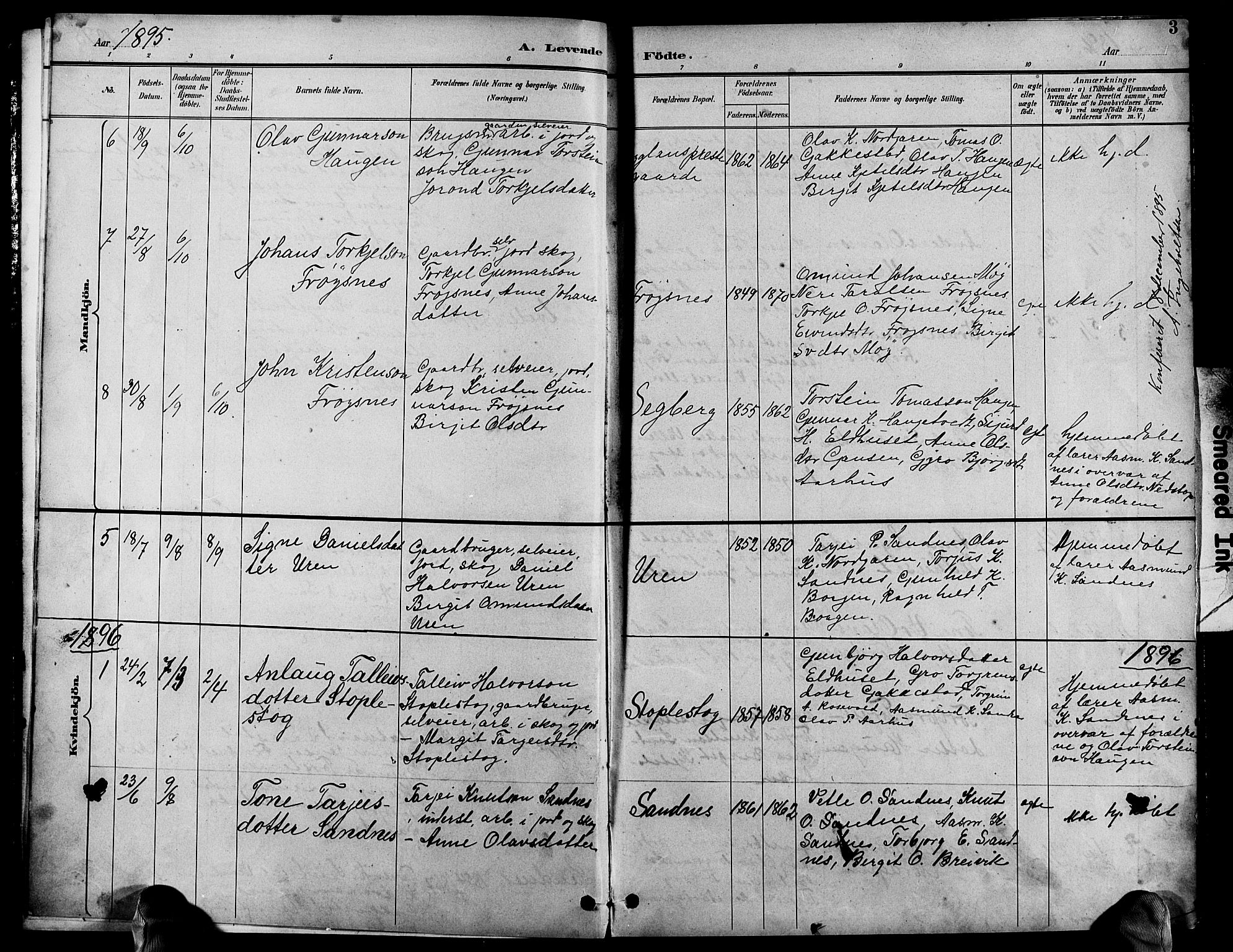 Bygland sokneprestkontor, SAK/1111-0006/F/Fb/Fbc/L0002: Parish register (copy) no. B 2, 1895-1916, p. 3