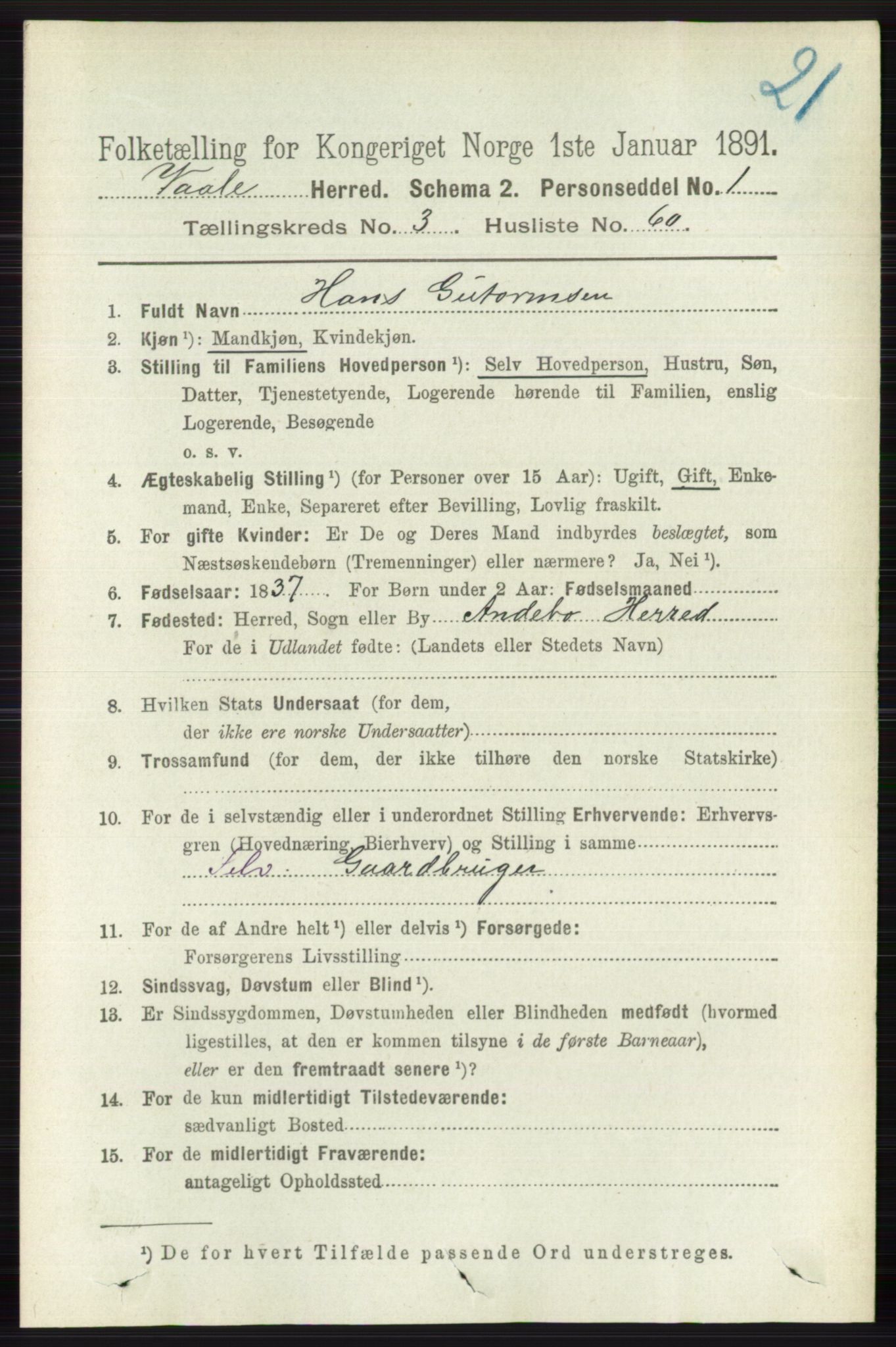 RA, 1891 census for 0716 Våle, 1891, p. 898