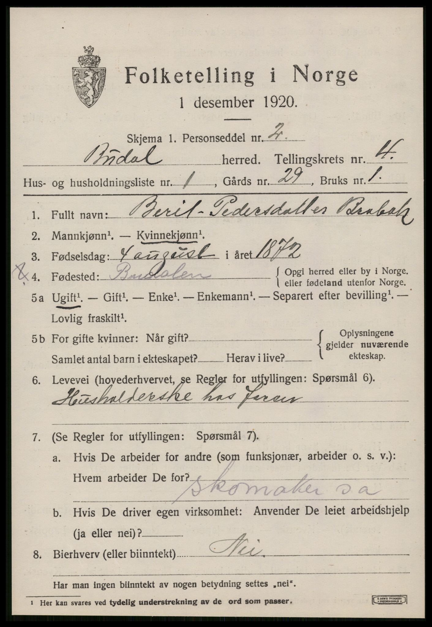 SAT, 1920 census for Budal, 1920, p. 1068