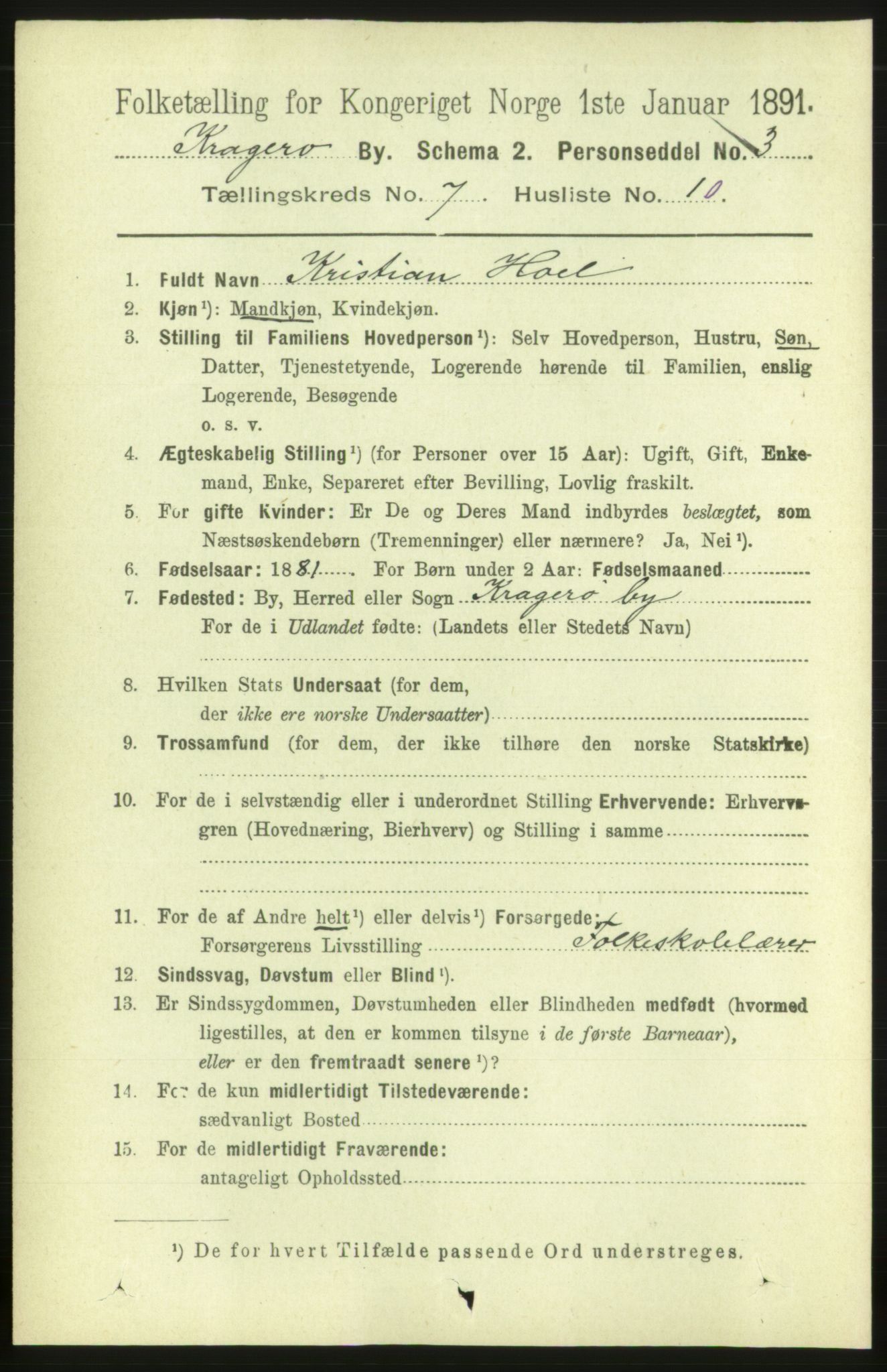 RA, 1891 census for 0801 Kragerø, 1891, p. 3559