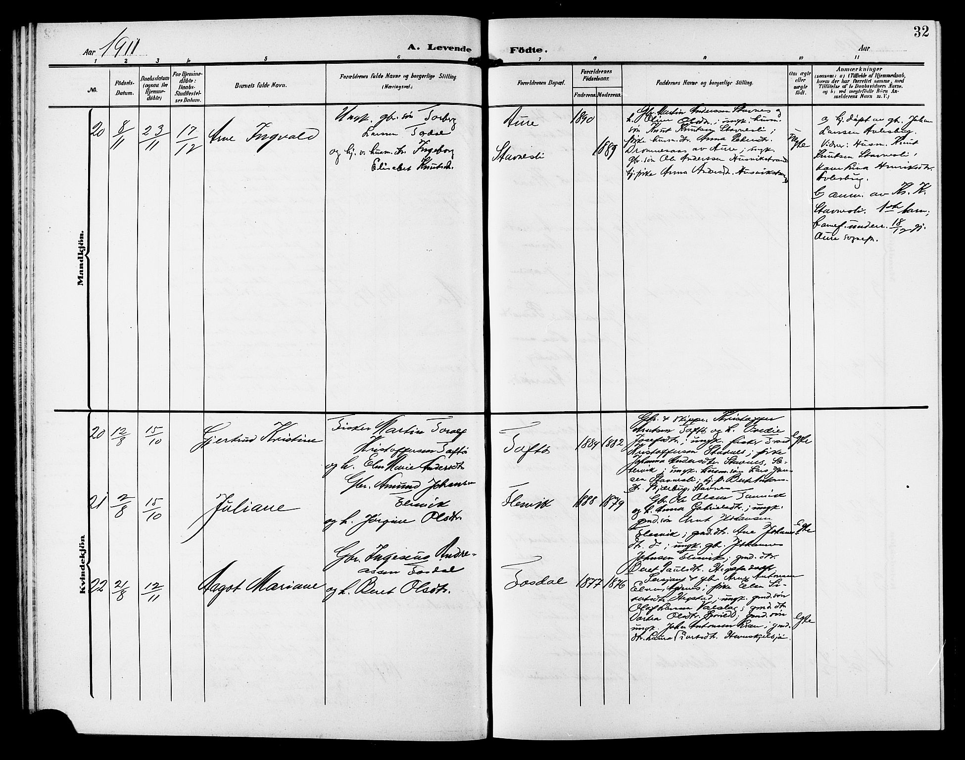 Ministerialprotokoller, klokkerbøker og fødselsregistre - Sør-Trøndelag, AV/SAT-A-1456/633/L0520: Parish register (copy) no. 633C02, 1906-1921, p. 32